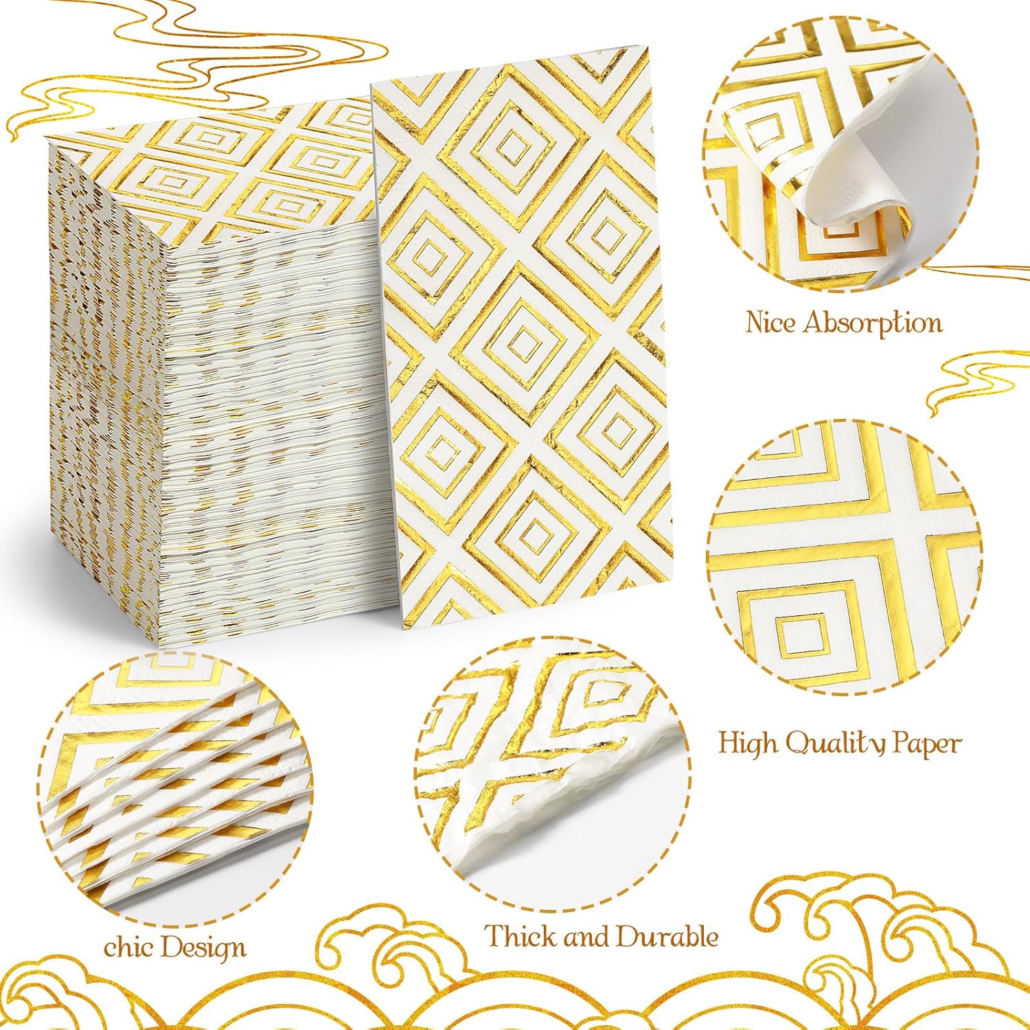 100 servilletas doradas, servilletas de papel con patrón dorado, toallas de mano desechables, servilletas de mano de oro blanco para baño, boda,