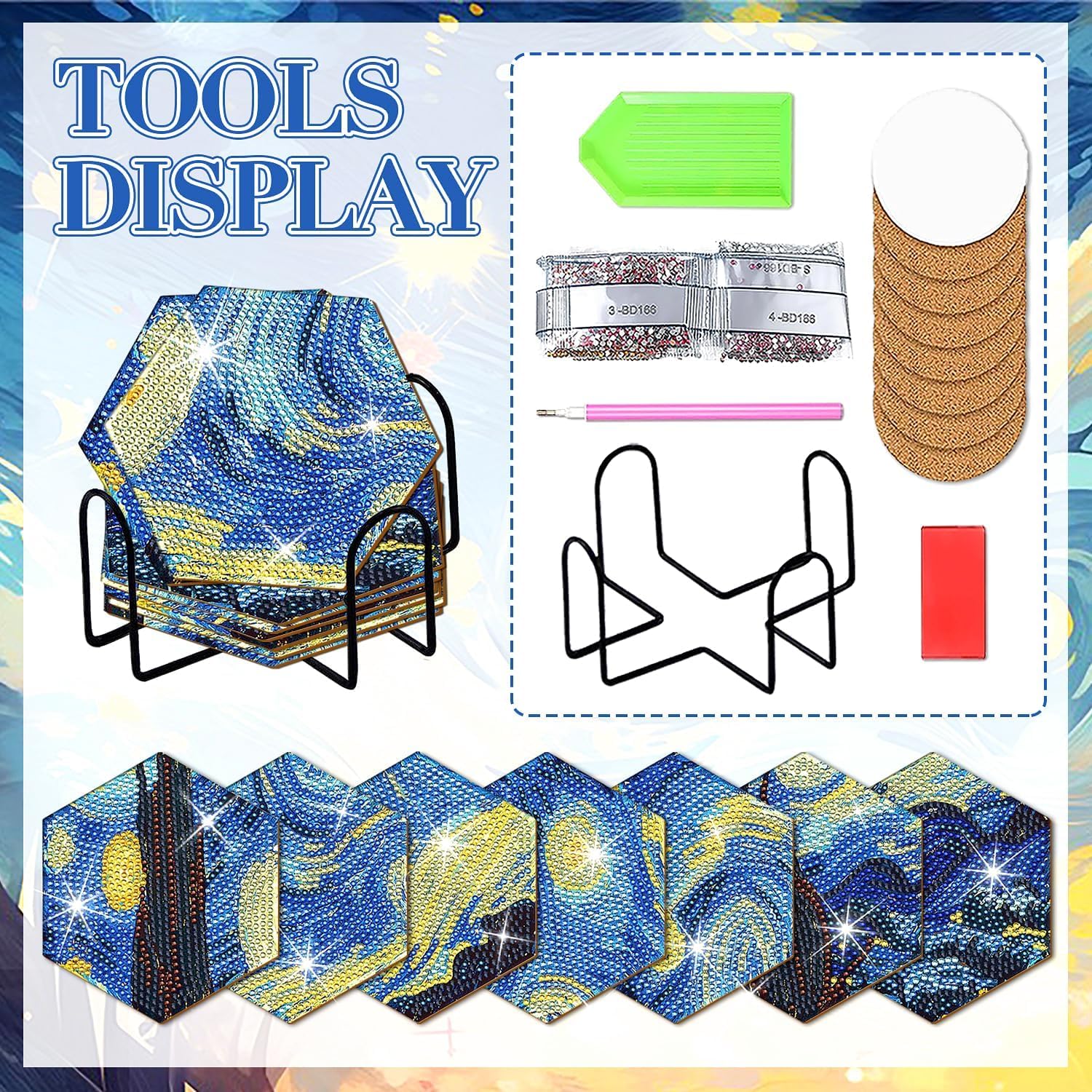 Kits de pintura de diamantes Posavasos Starry Night, 7 posavasos hexagonales de arte de diamantes con soporte, kits de pintura de diamantes pequeños