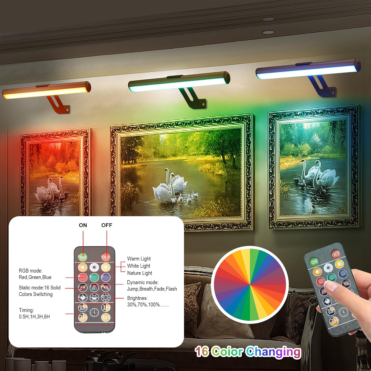 ZOCALOK Luz de imagen funciona con pilas, luces de imagen para pared, luz de imagen inalámbrica con control remoto para pinturas, 48 LED, 16 colores