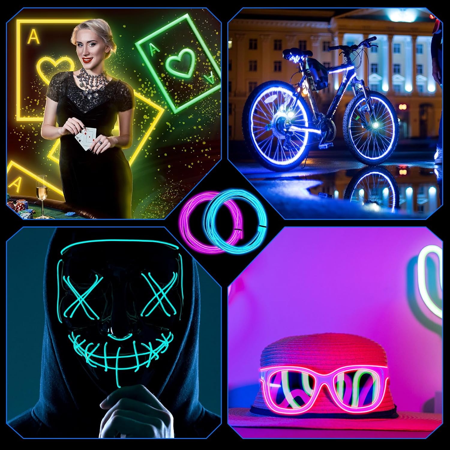 Juego de 50 luces de neón portátiles de alambre EL con tira de 6.6 pies, luces LED brillantes que se pueden cortar, funciona con pilas, cable
