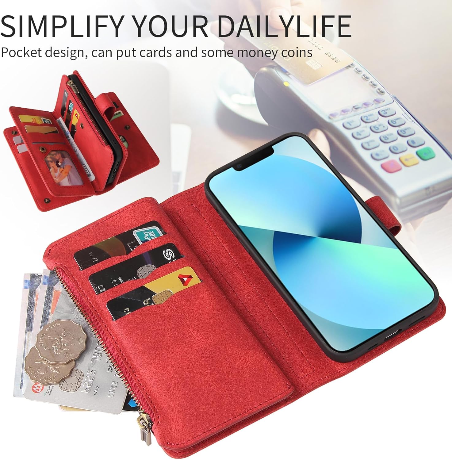 Asuwish Funda para iPhone 13 Mini de 5.4 pulgadas con protector de pantalla de vidrio templado y correa para la muñeca, tarjetero para celular