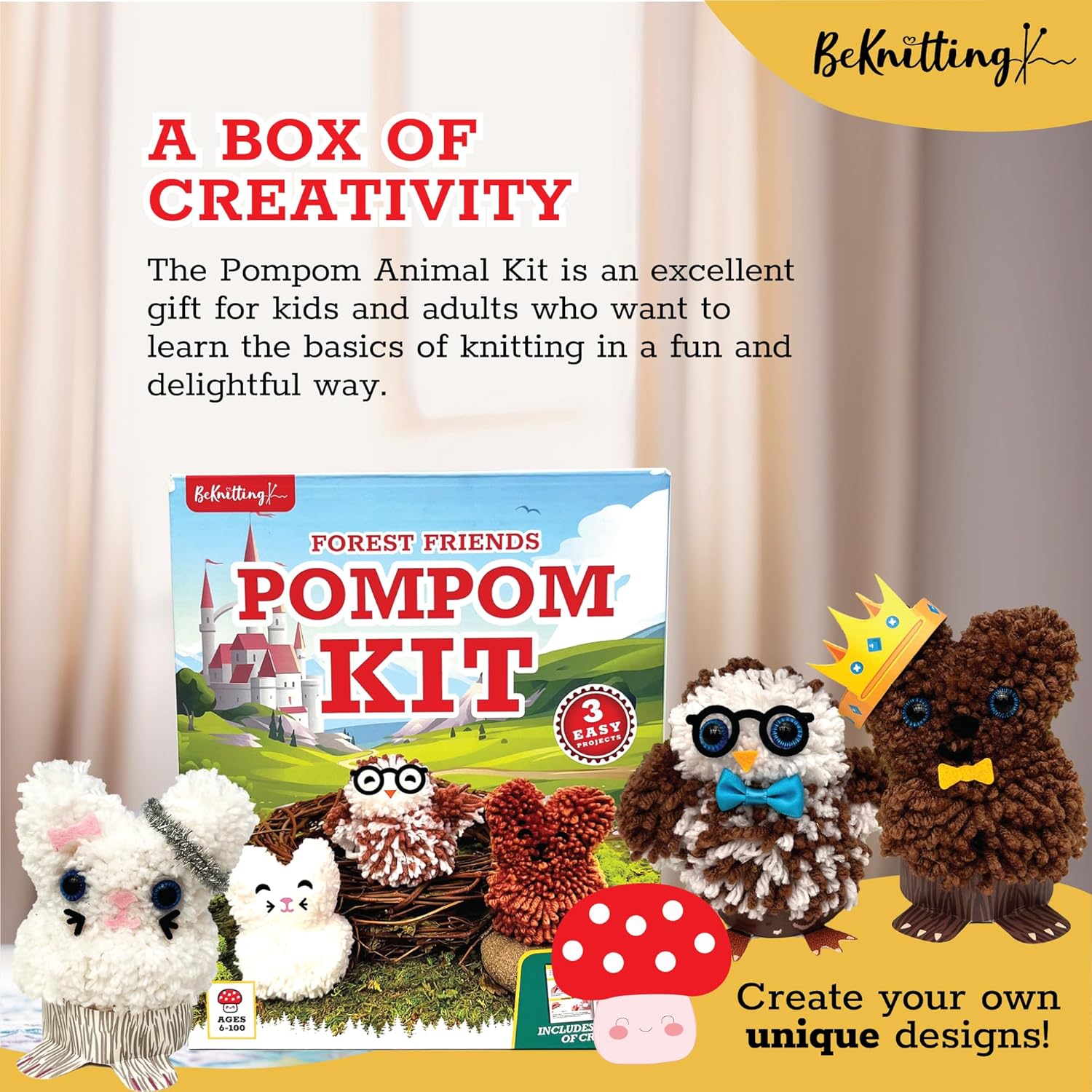 BeKnitting Kit de manualidades para hacer pompones para niños, completo con hilo, fabricantes de pompones y calcomanías