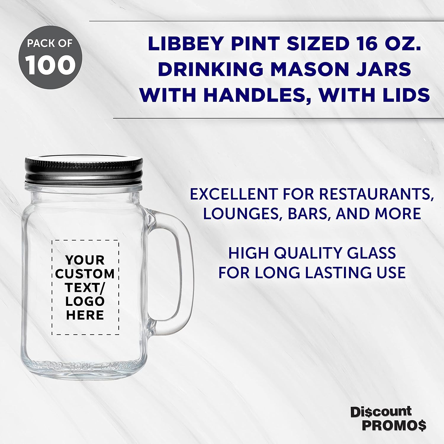 Discount Promos Libbey Handle Mason Jars – Juego de 100 tarros con tapas, 16 onzas, texto personalizado, logotipo, estilo tradicional, bebida,