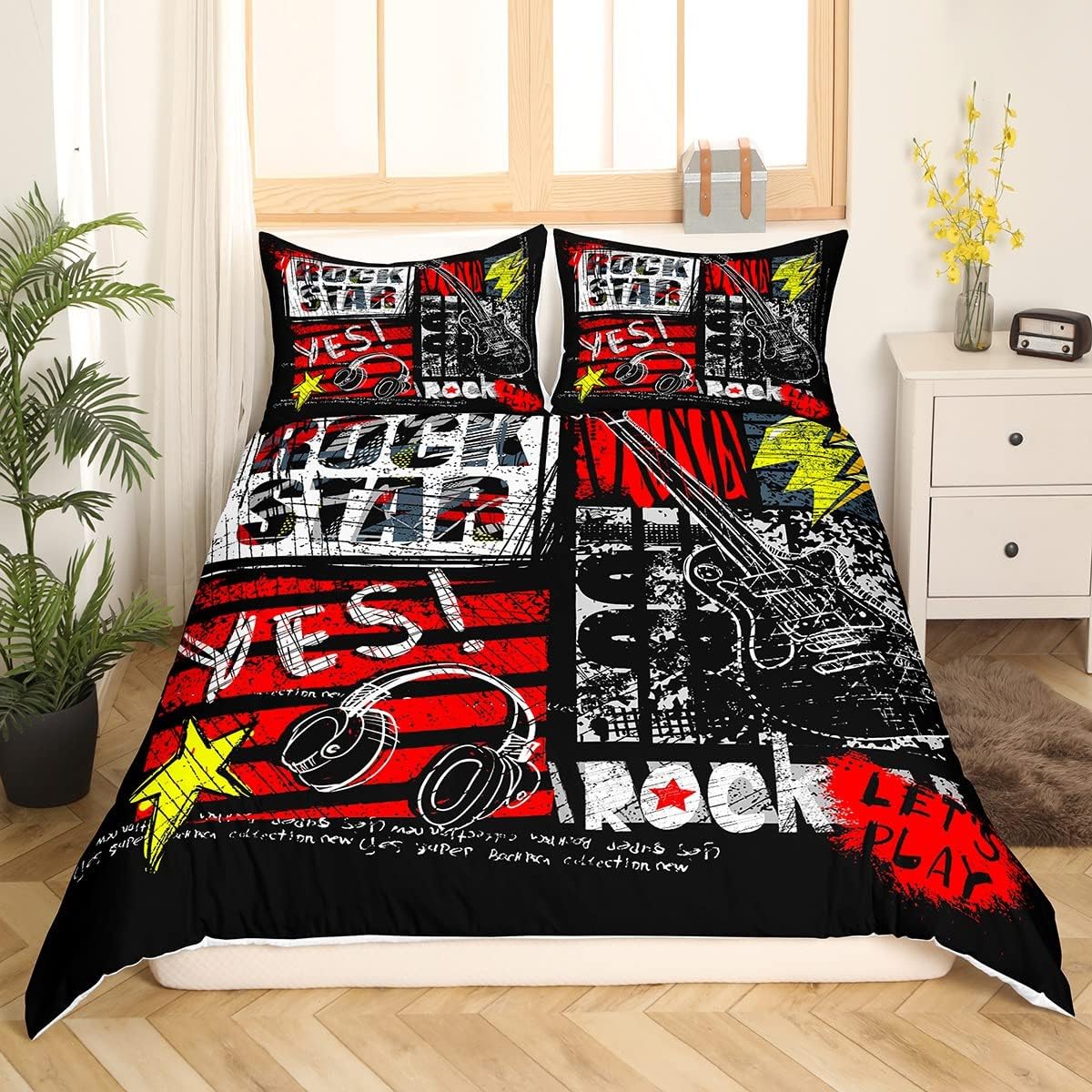 Manfei Juego de funda de edredón con diseño de rock roll, juego de ropa de cama de 3 piezas con estampado de auriculares y guitarra, para decoración