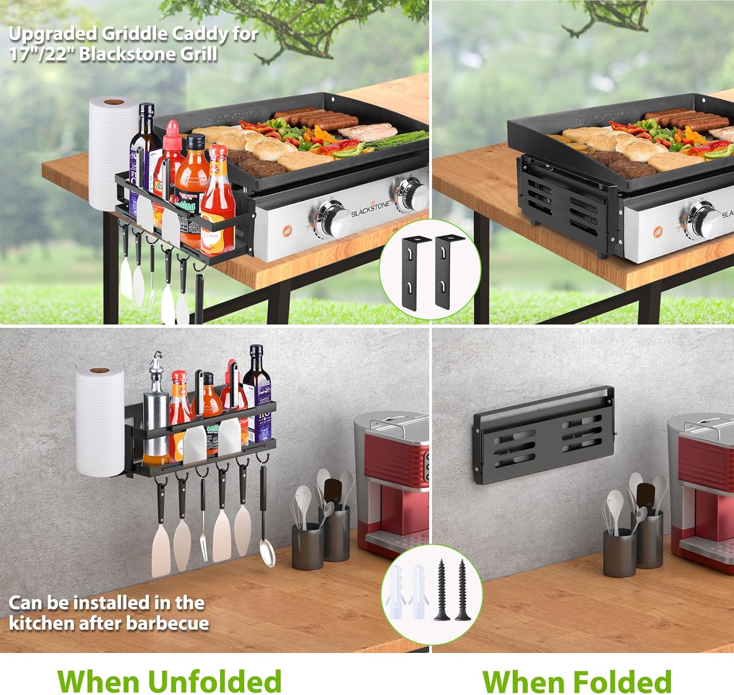 Organizador de parrilla mejorado para parrillas Blackstone de 17″22″, soporte organizador de accesorios de parrilla plegable, caja de almacenamiento