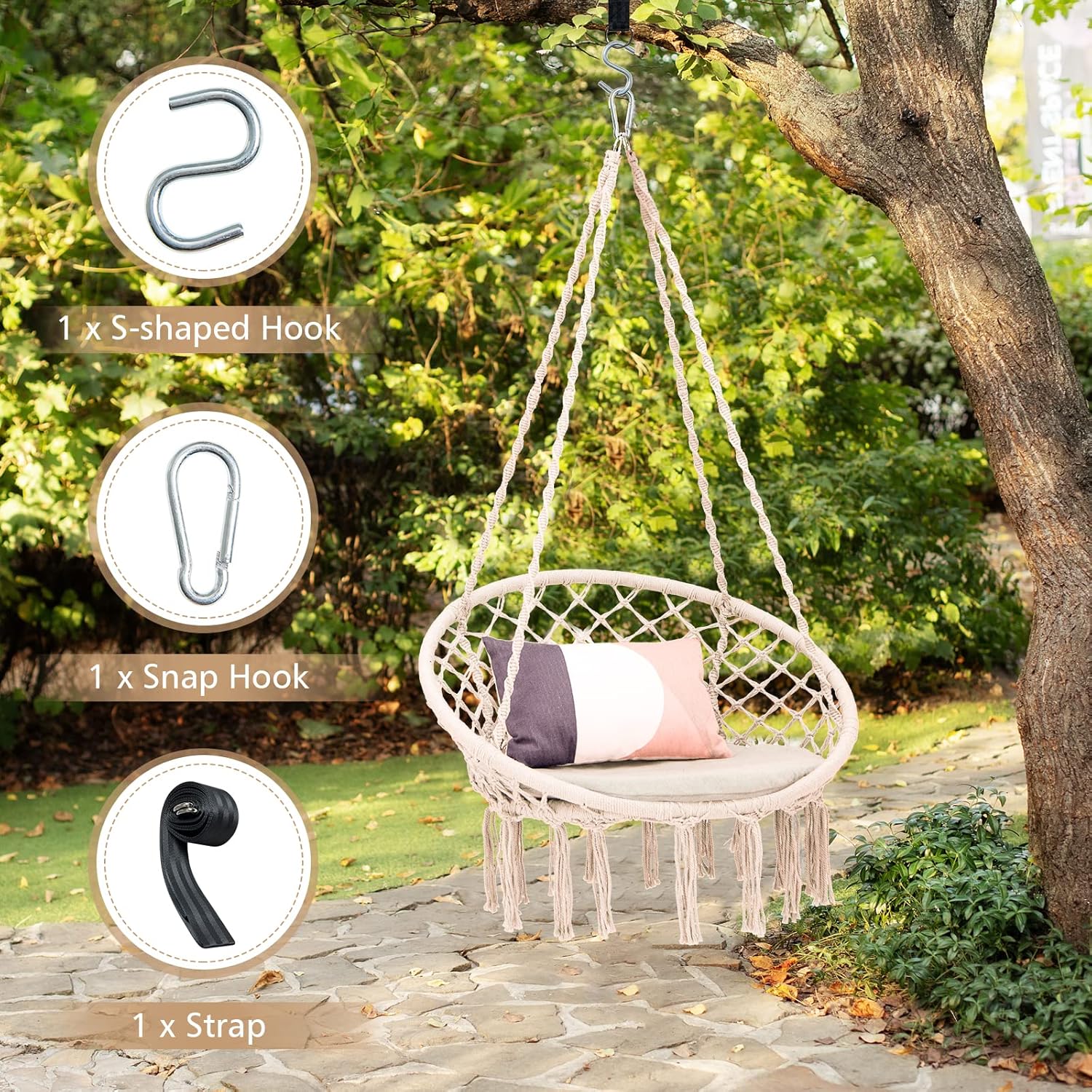 Giantex Silla hamaca de macramé  Silla colgante con cojín y kit de herramientas, capacidad de peso de 330 libras, columpio interior para soporte de