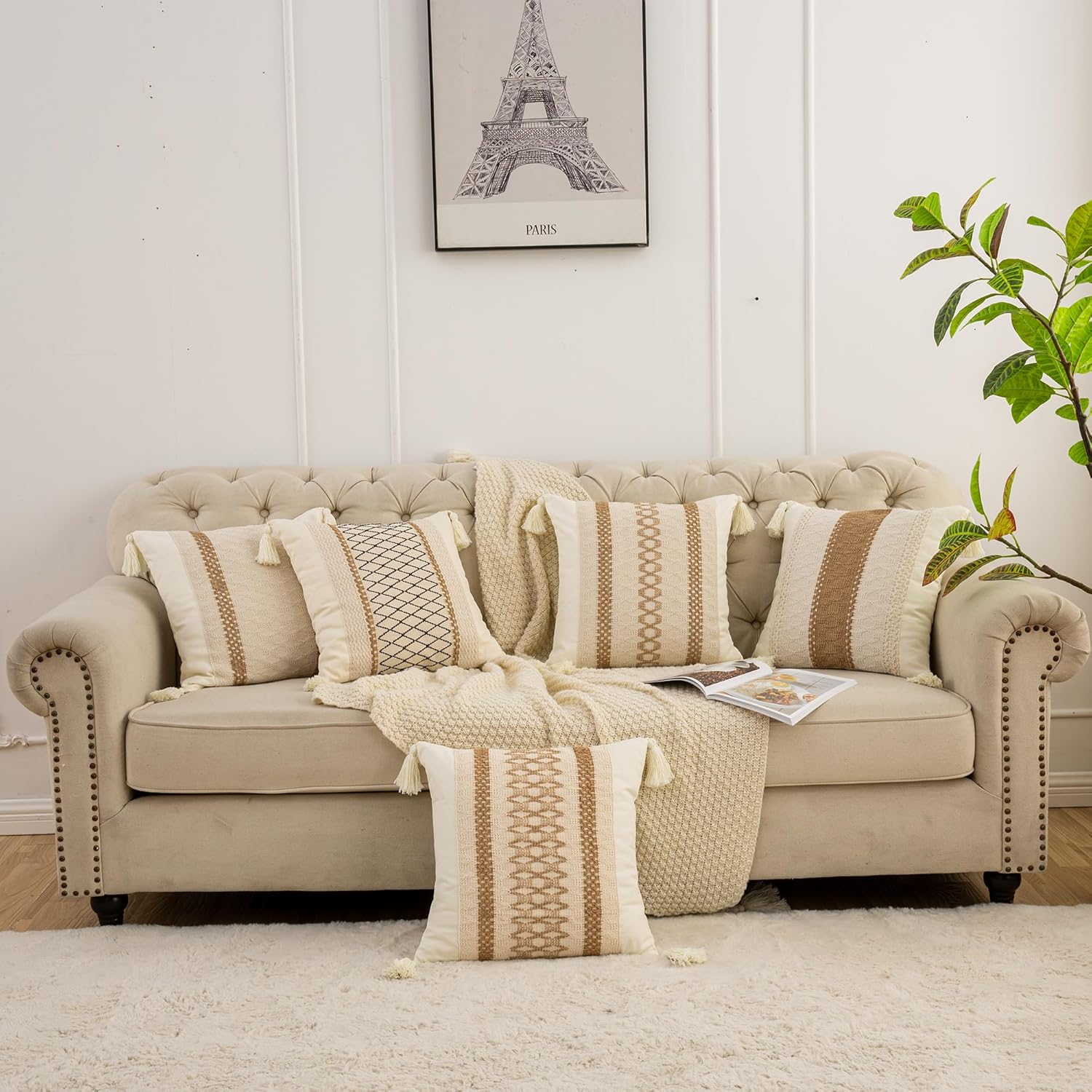 Fundas de almohada de 16 x 16 pulgadas con borlas para sala de estar, algodón y arpillera con textura a rayas, fundas de almohada bohemias (cuadros