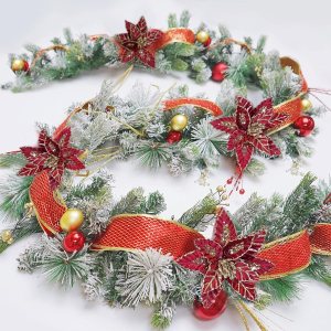 Guirnalda de Navidad de 9 pies con luces, adornos de decoración de corona de Navidad preiluminada con flores de Pascua y bolas para manto, exterior, Guirnalda de Navidad de 9 pies con luces, adornos de decoración de corona de Navidad preiluminada con flores de Pascua y bolas para manto, exterior,