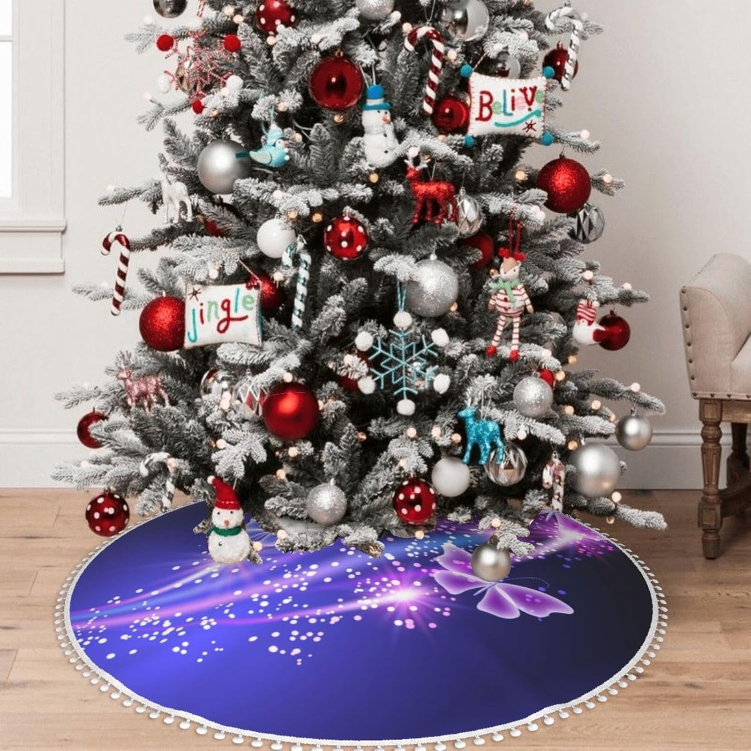 Falda de árbol de Navidad de 30 pulgadas, decoración de árbol de Navidad morada, impermeable, con ribete de pompones, decoración rústica de granja