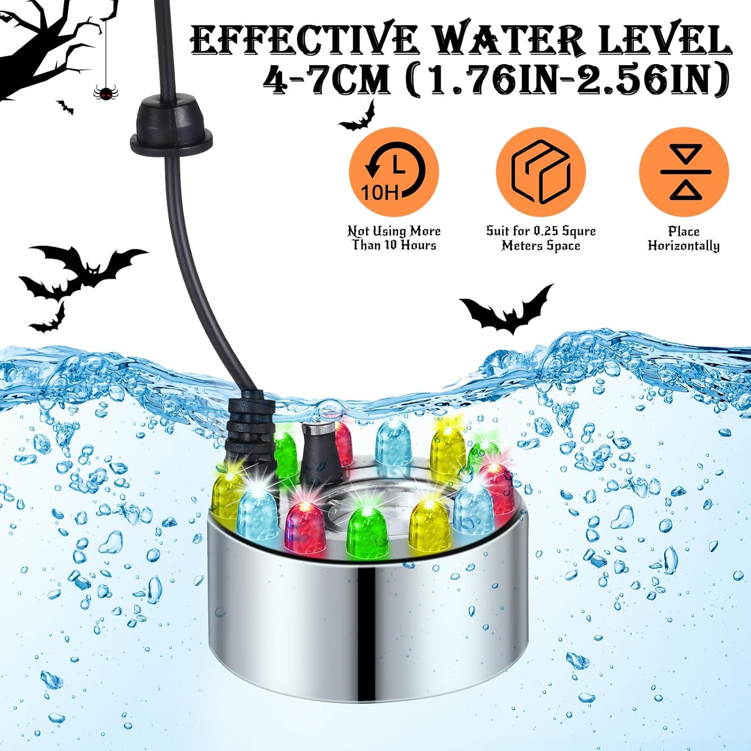 4 piezas de niebla ultrasónica de Halloween nebulizador 12 LED fuente de agua estanque máquina de niebla interior nebulizador de estanque que cambia
