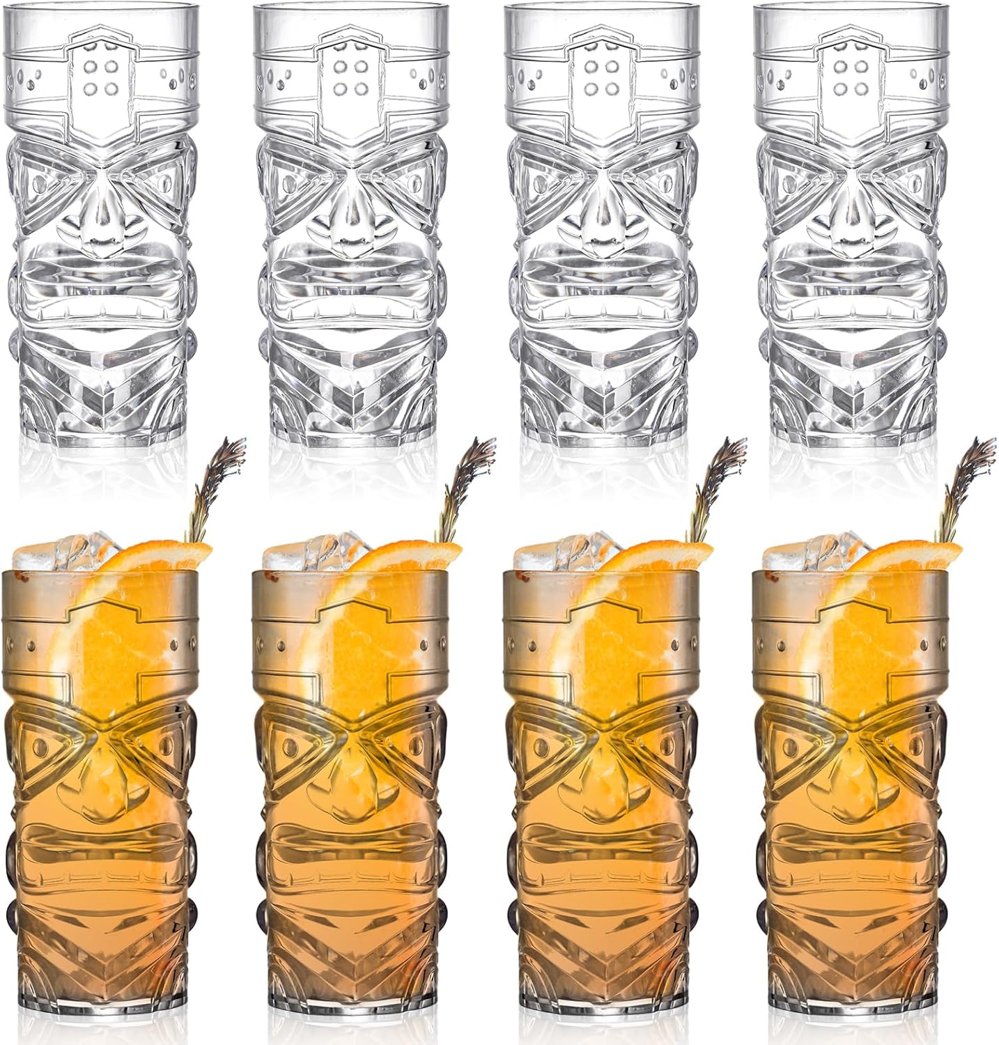 Okllen Paquete de 8 tazas Tiki de plástico, tazas de cóctel Tiki transparentes de 16 onzas, vasos trapicales elegantes para bar moderno, fiesta