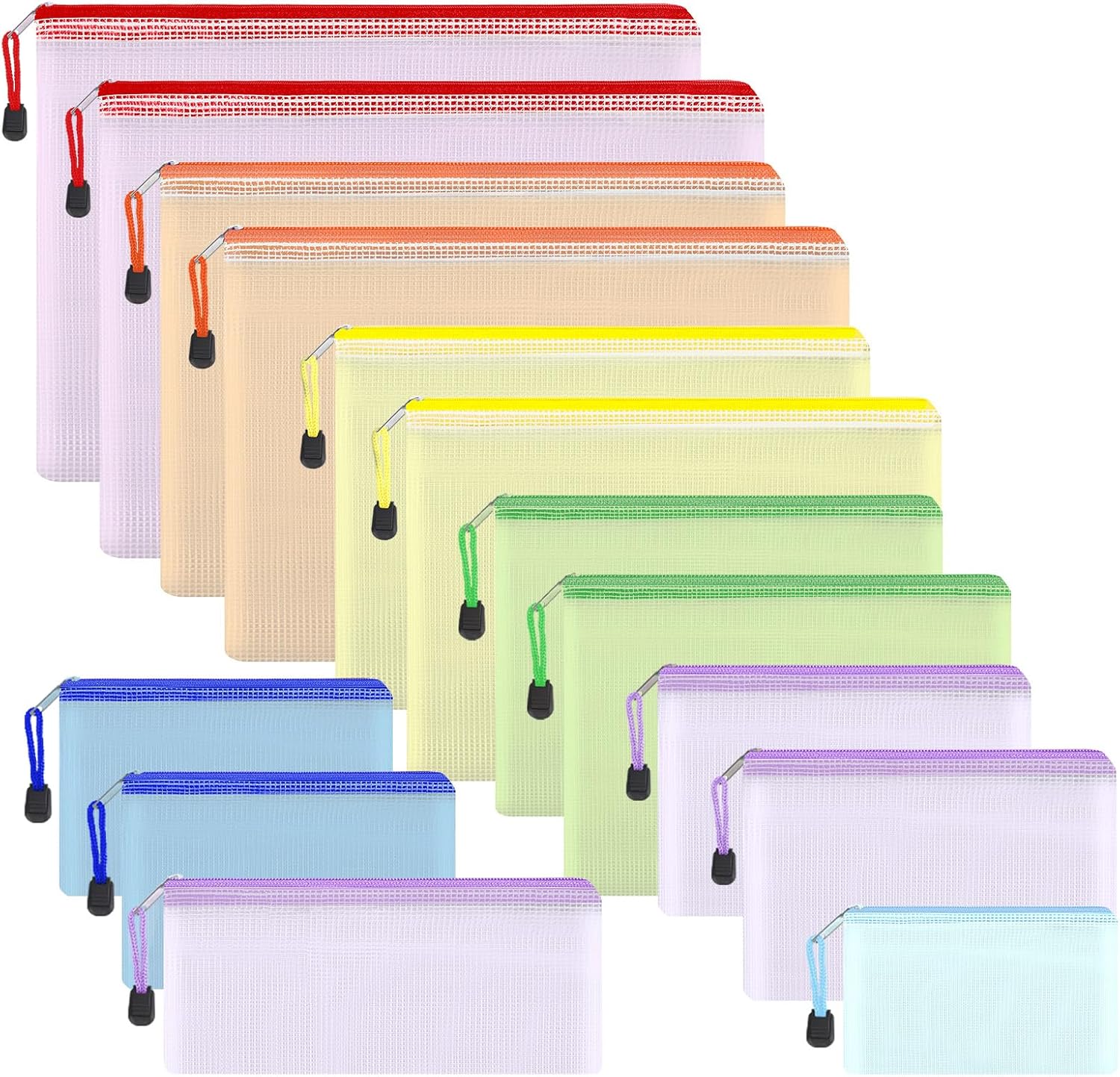 EOOUT 14 bolsas de malla con cremallera, 8 tamaños, bolsas impermeables con cremallera, bolsa de plástico impermeable para documentos de 7 colores,