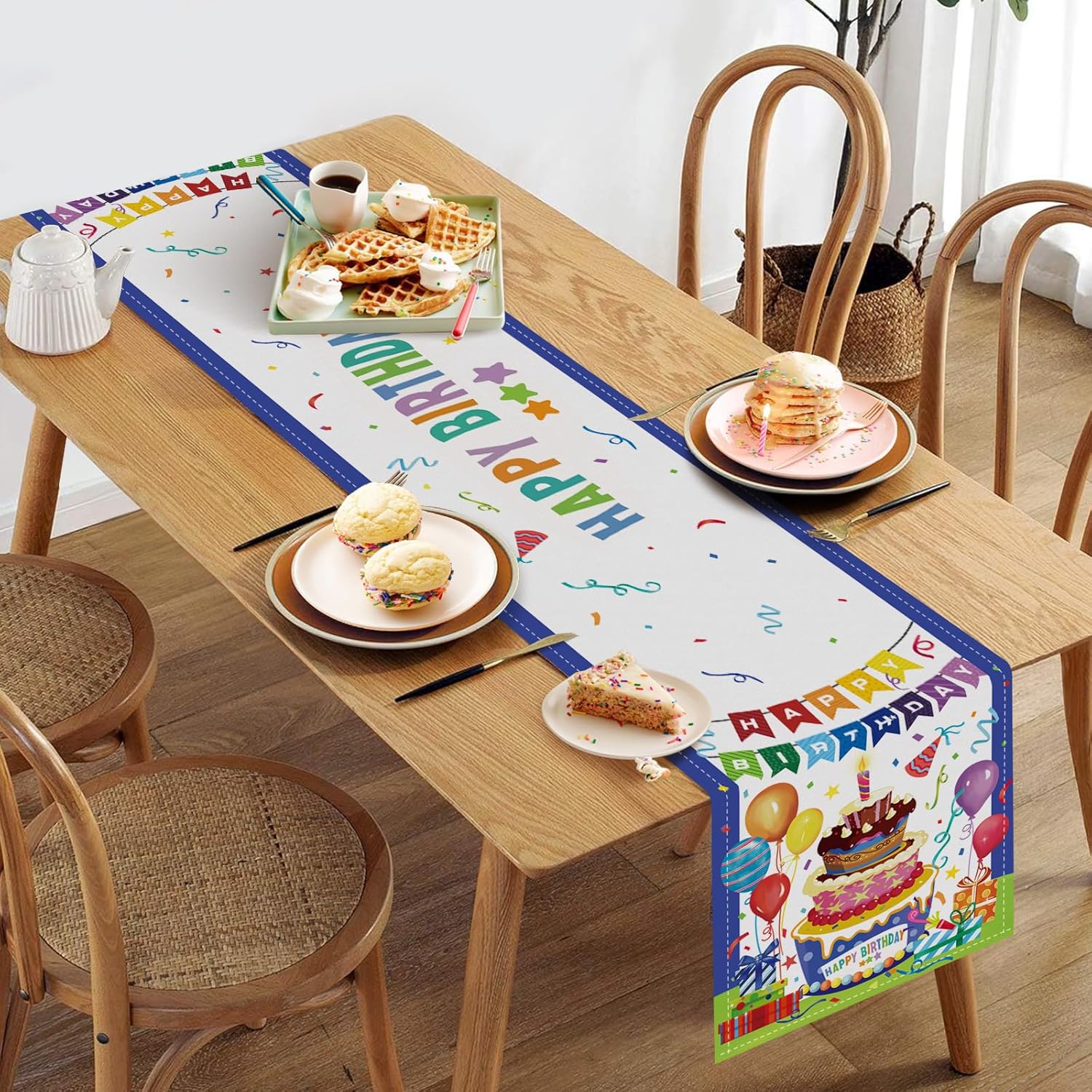 Bonhause Camino de mesa de feliz cumpleaños de 13 x 72 pulgadas, globos para tartas, regalos, cocina, comedor, decoración de cumpleaños para