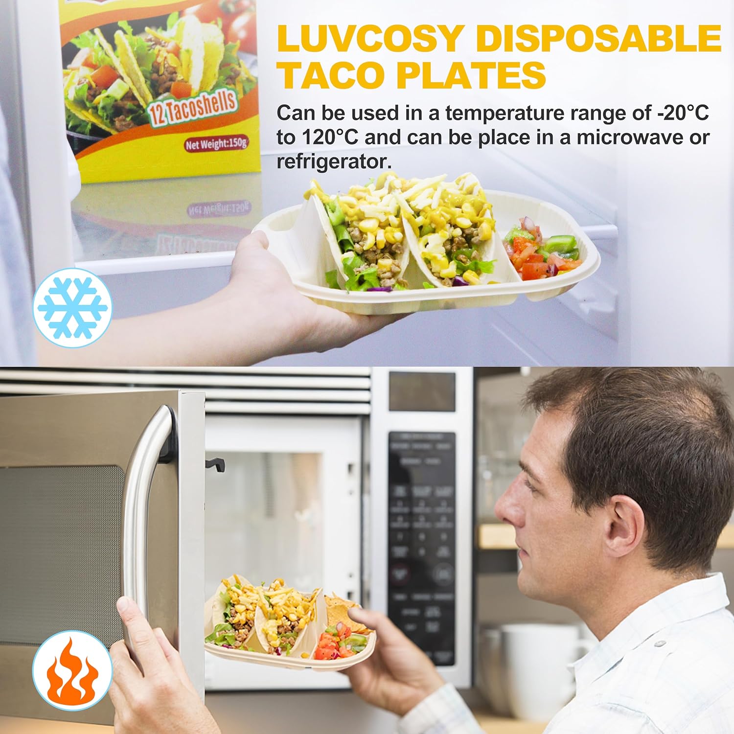 50 platos desechables pequeños para tacos para fiestas, soportes para tacos de almidón de maíz con 2 áreas de inmersión, capacidad para 2 tacos,