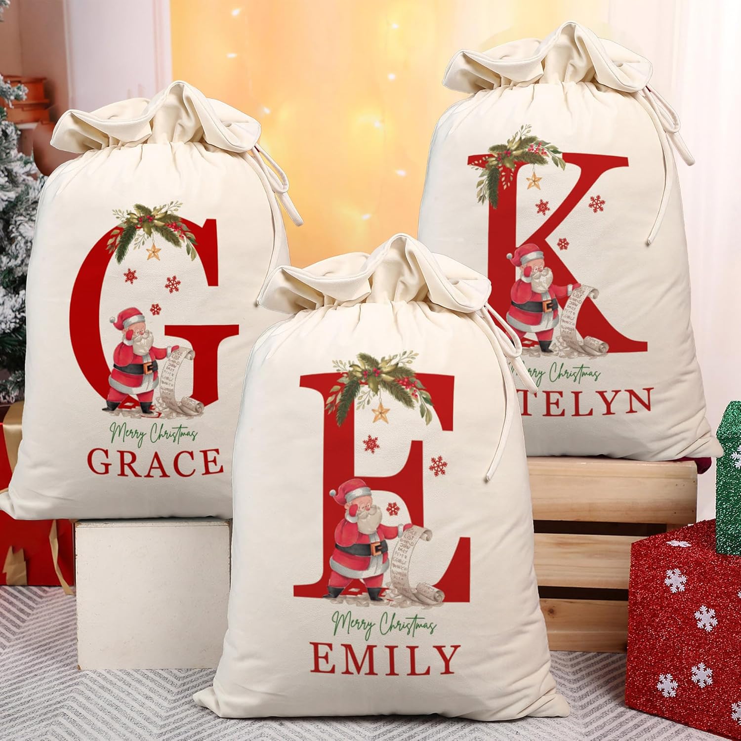 Saco de Papá Noel personalizado con inicial y nombre para niños, bolsas de regalo de Navidad personalizadas para regalos de vacaciones, caja de