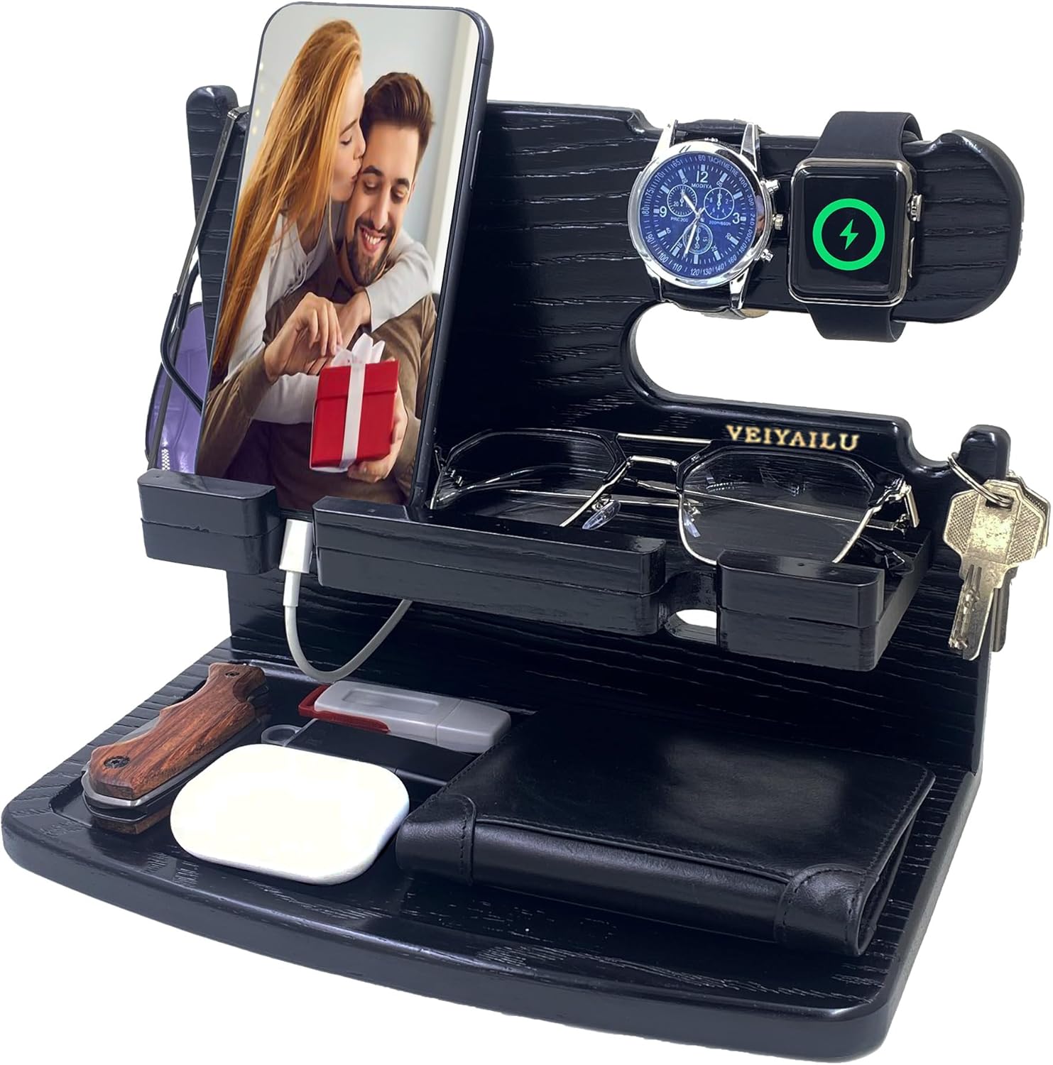 Regalos para hombres, papá, mujer, marido, novio, mesita de noche, organizador para hombres, estación de acoplamiento de madera para teléfono, ideas