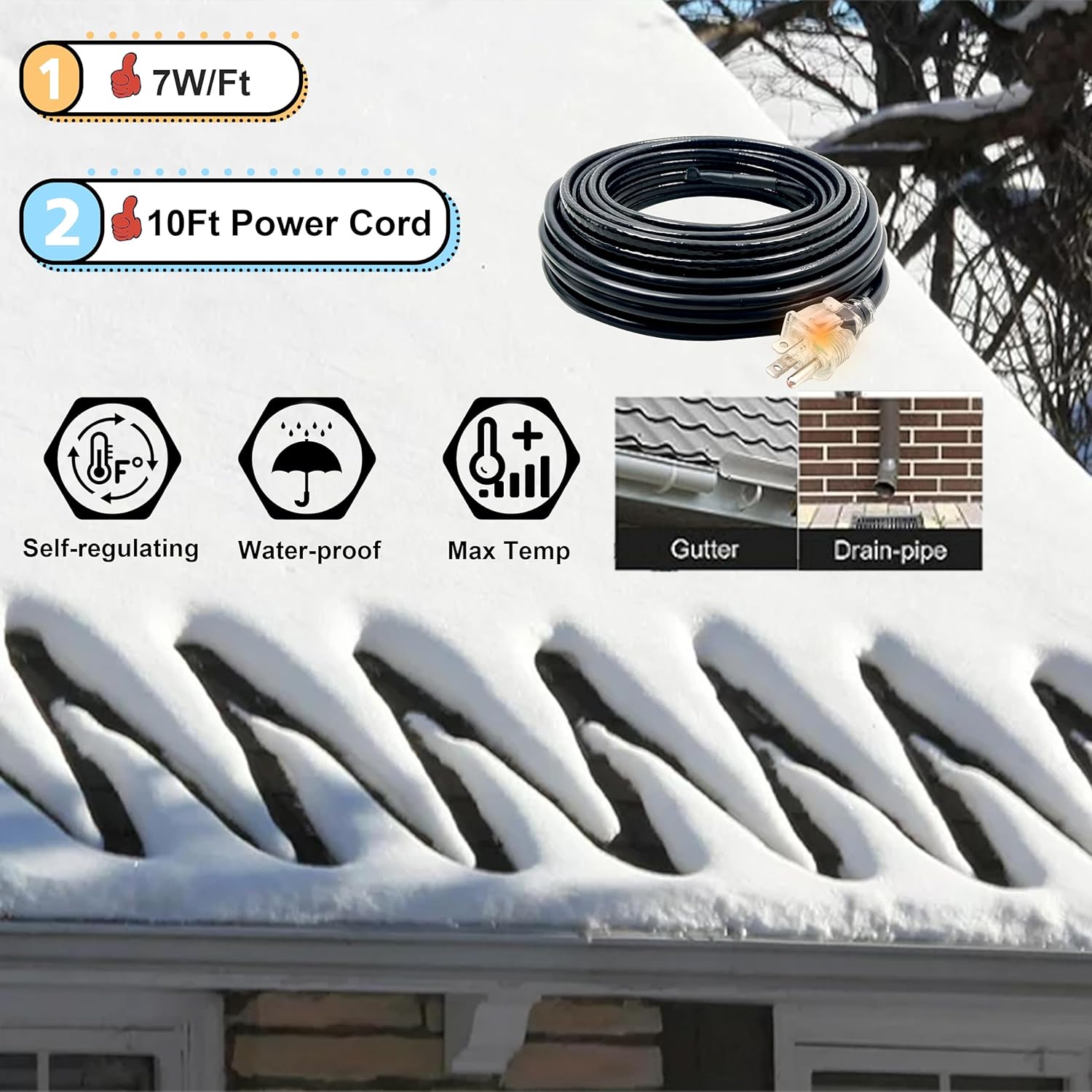 MAXKOSKO Cable de calor de tubo autorregulador para protección contra congelación de tuberías, canaleta de techo, cable de calefacción para deshielo