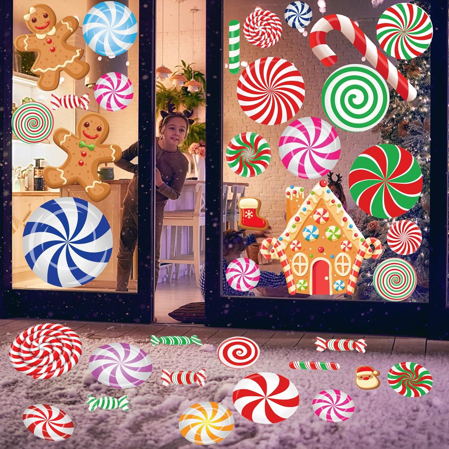 Adhesivos para ventana de bastón de caramelo, 3D, 88 unidades, calcomanías de ventana de menta de doble cara, decoración de ventana de Feliz Navidad