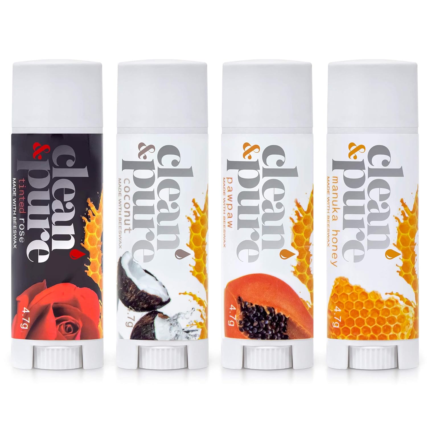Clean & Pure Bálsamo labial – Bees Knees (paquete de 4)  Productos de belleza de miel de manuka  Aceite de vitamina E  Bálsamo labial saborizado