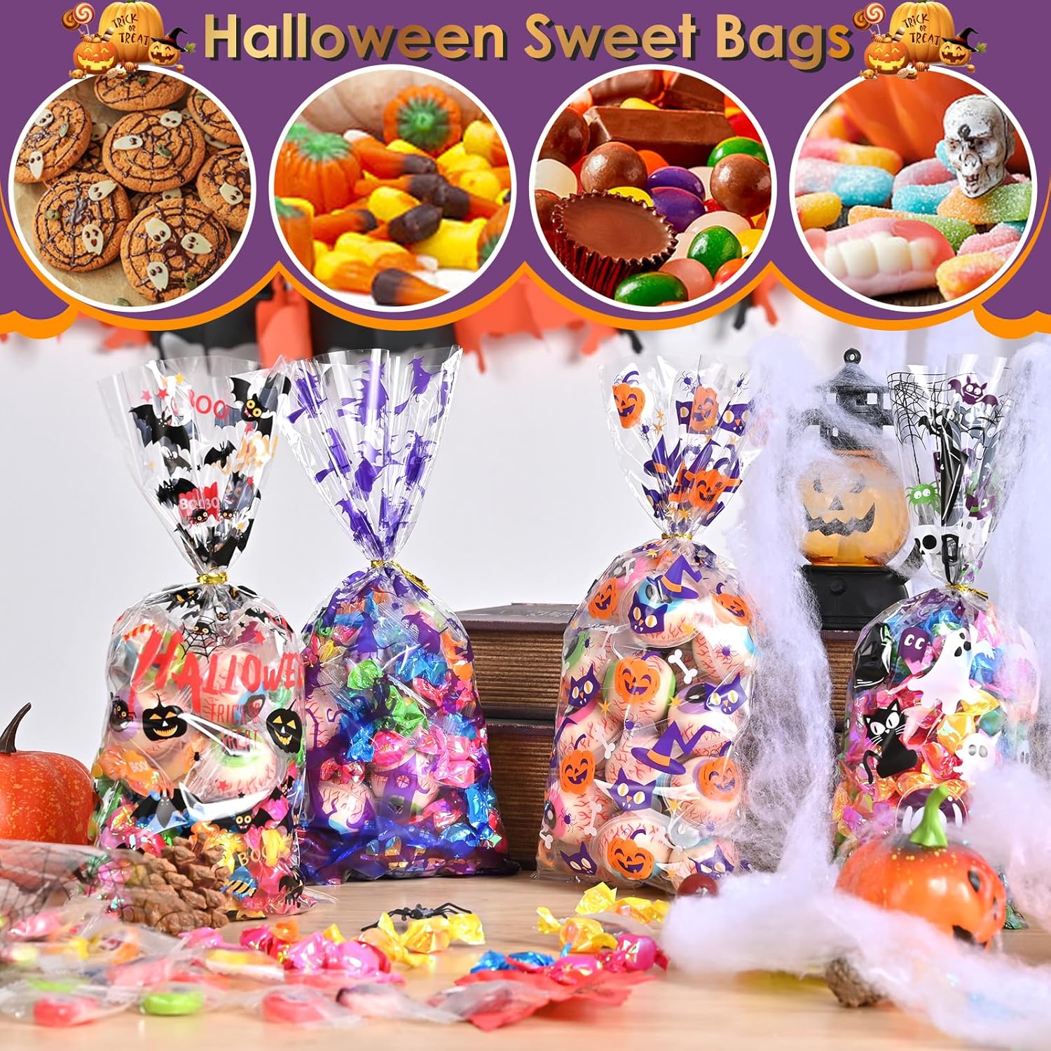 AhfuLife 200 bolsas de celofán de Halloween, 8 diseños de bolsas de dulces transparentes de Halloween para golosinas o tratos, bolsas de golosinas