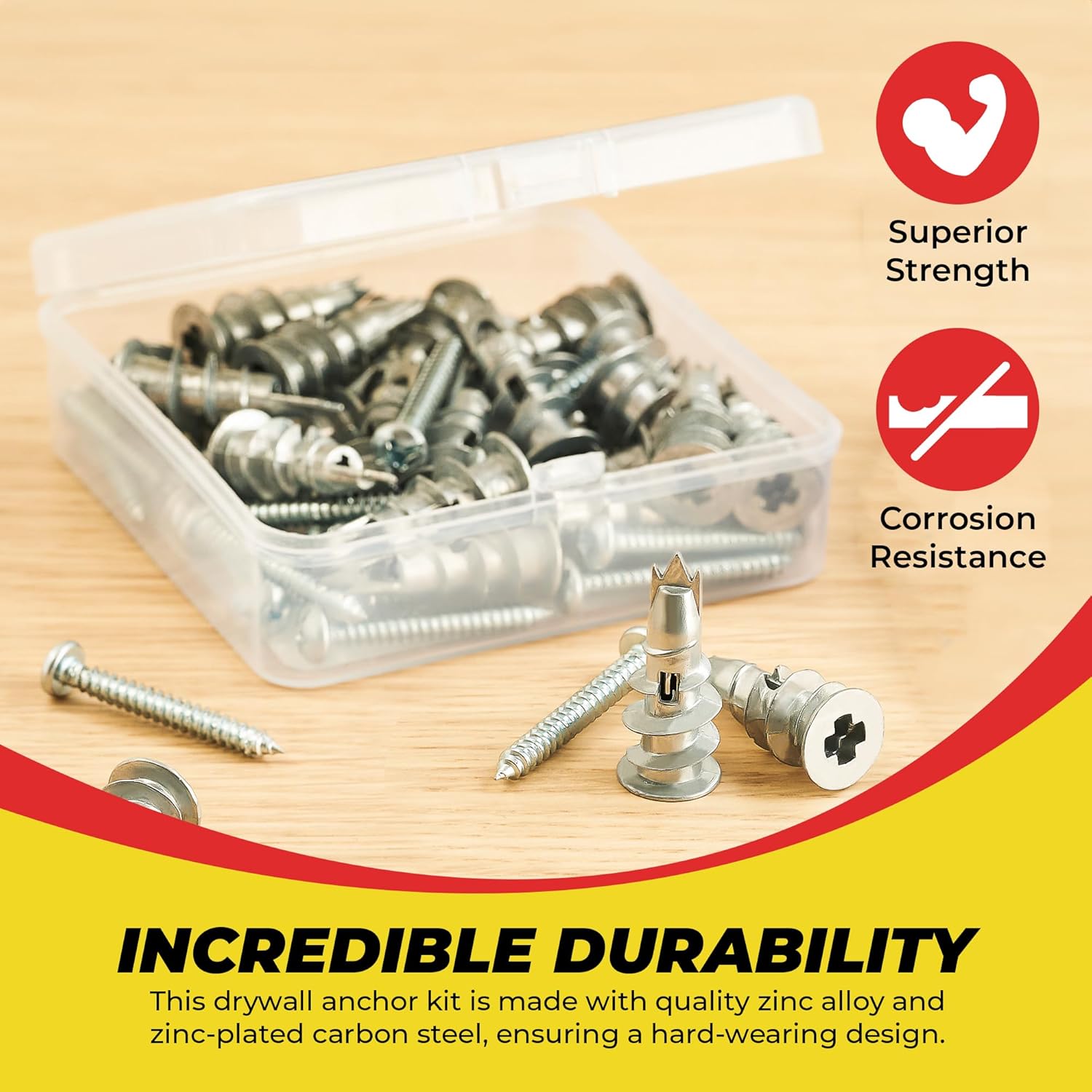 Qualihome Kit de anclaje de pared hueca de zinc autoperforante con tornillos, anclajes de metal autoperforantes para paneles de yeso con aletas de