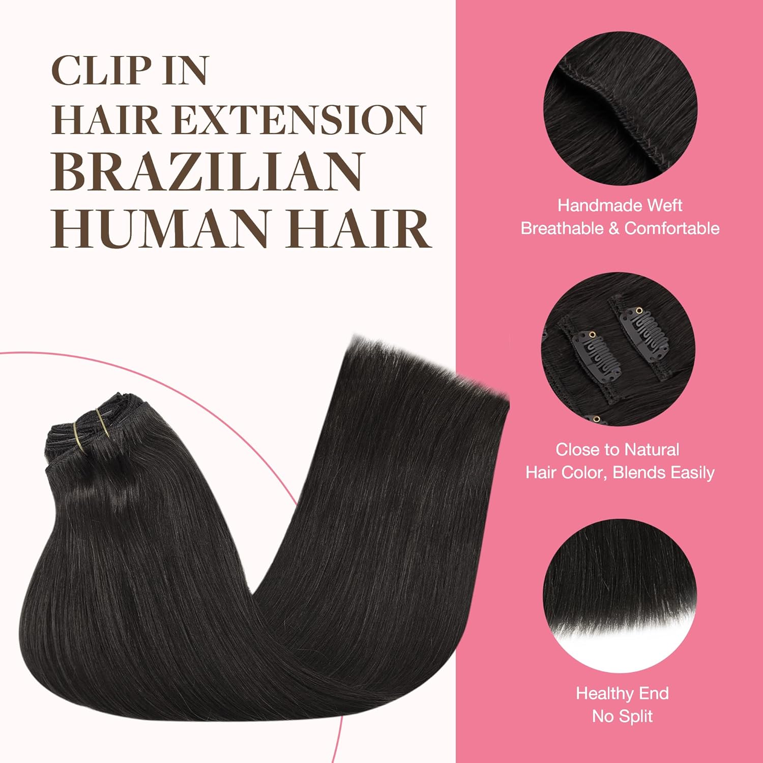 GOO GOO Extensiones de cabello humano con clip, 9 unidades, 4.53 oz, 18 pulgadas, extensiones de cabello Remy negro natural, extensiones de cabello