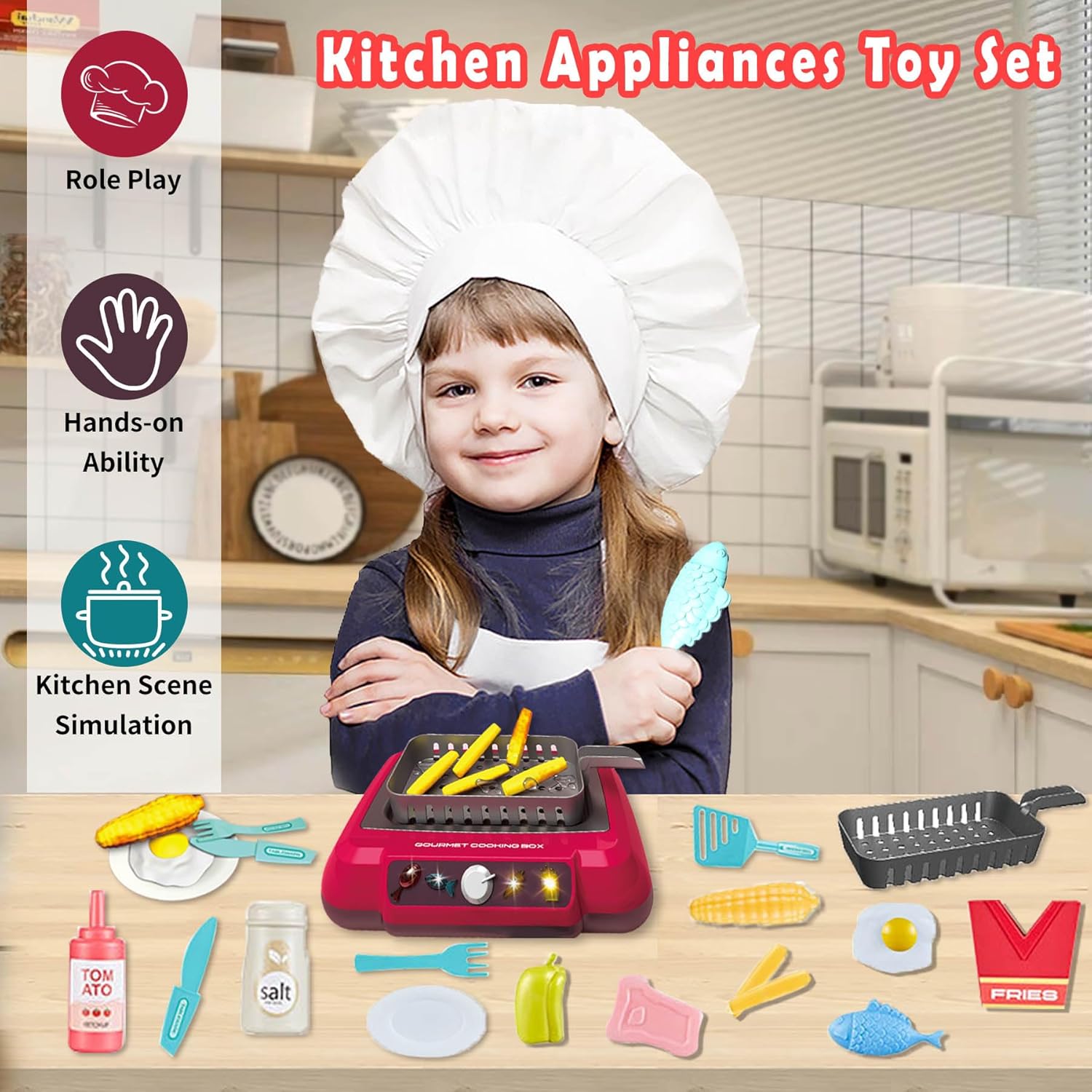 Juego de accesorios de cocina para niños, juego de cocina para niños pequeños, juego de cocina para acampar con comida que cambia de color, juego de