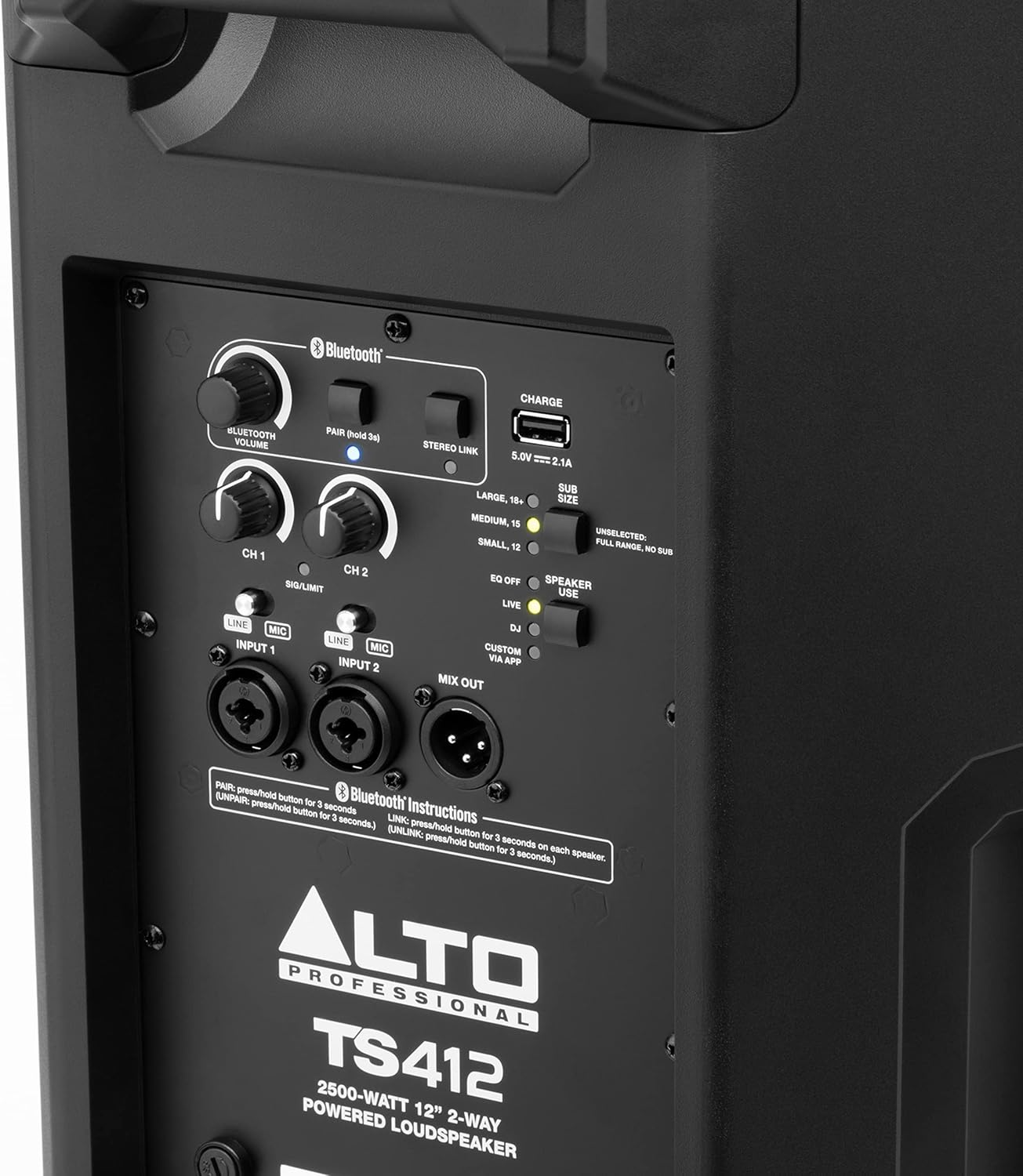 Alto Professional TS412 – Altavoz PA alimentado de 2500 W de 12 pulgadas con mezclador de 3 canales, transmisión Bluetooth, enlace de altavoz