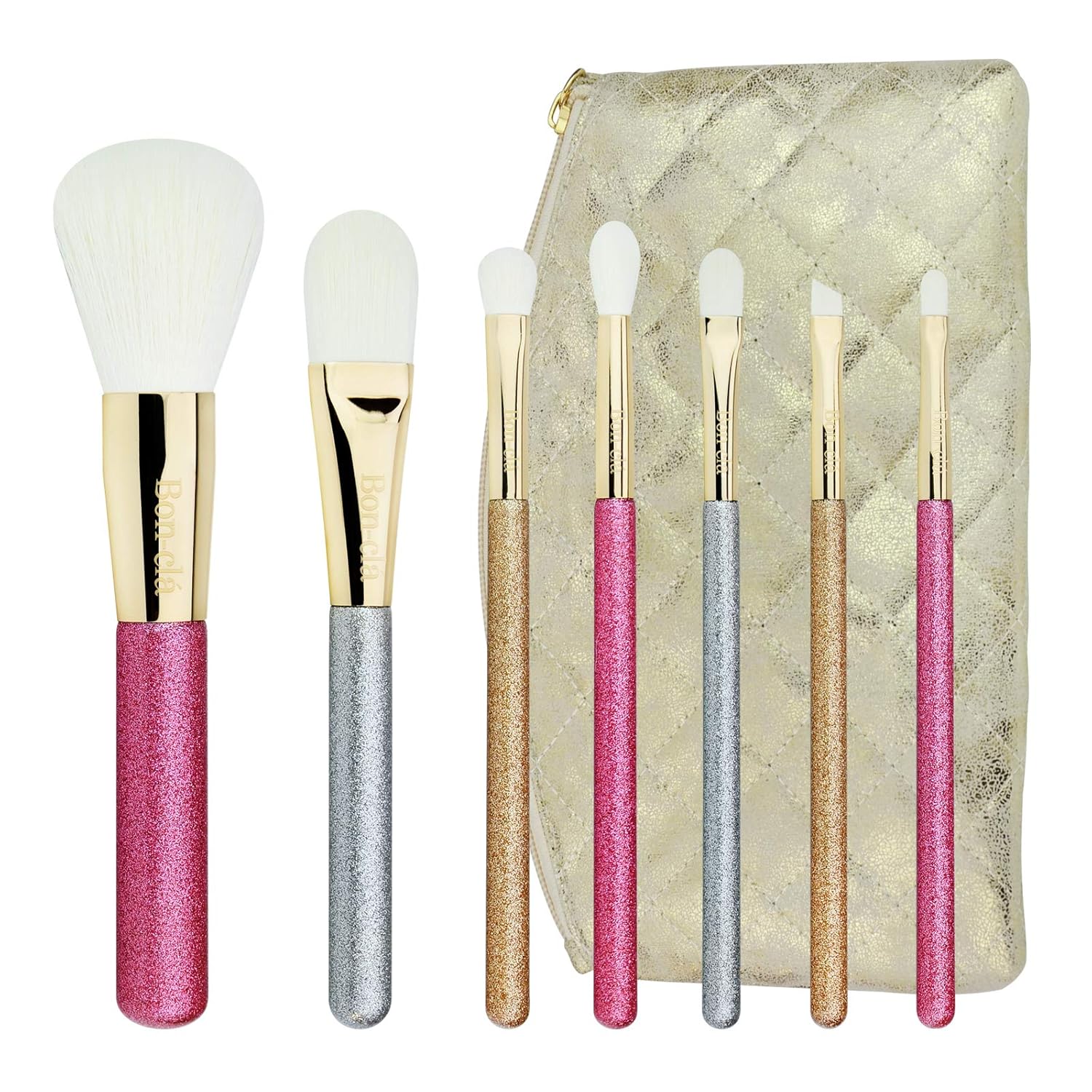 Bon-clá, Juego de 7 brochas esenciales brillantes con bolsa de maquillaje de viaje, para cepillo de polvo, brocha de base, cepillo de pliegues,