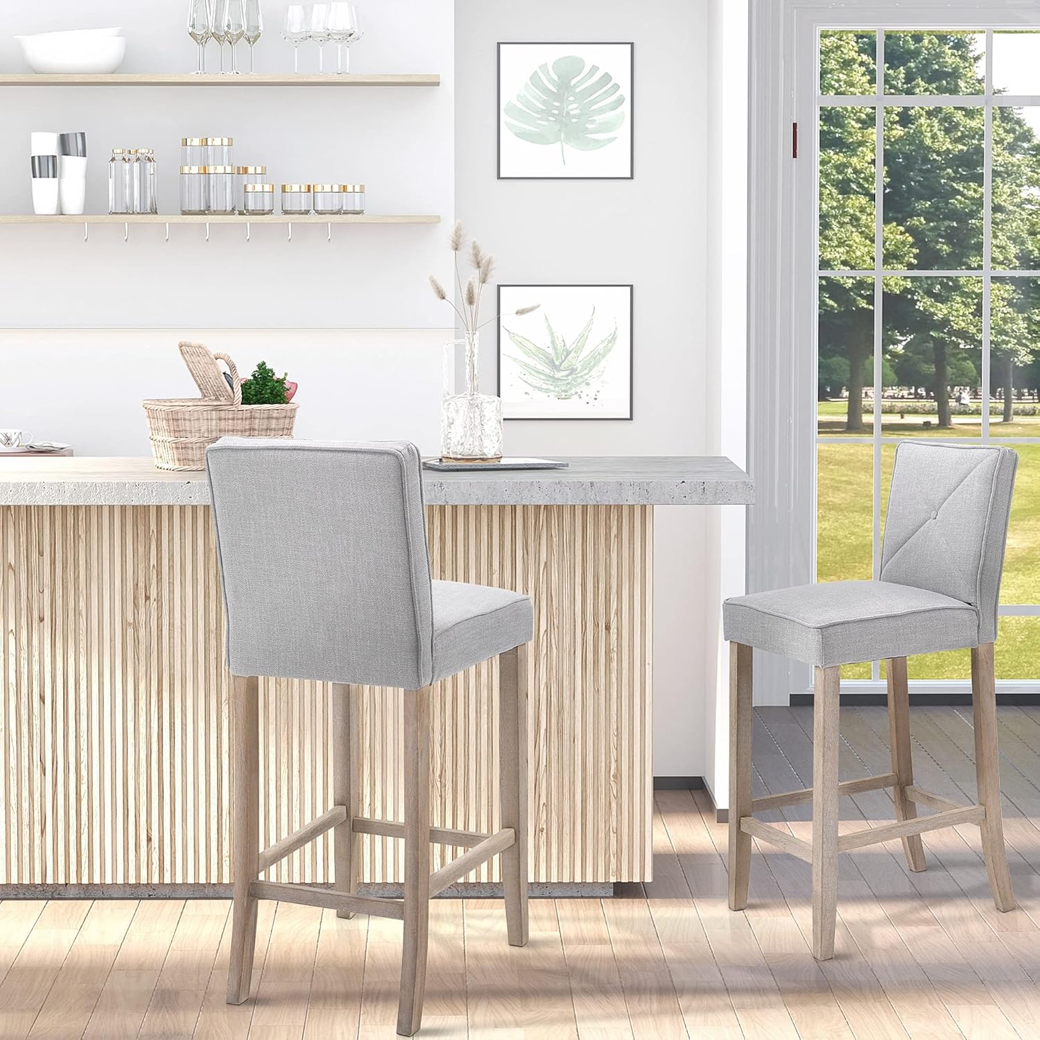 HOMCOM Juego de 2 taburetes de bar modernos, taburetes de cocina tapizados con altura de barra con reposapiés integrado, patas de madera maciza,