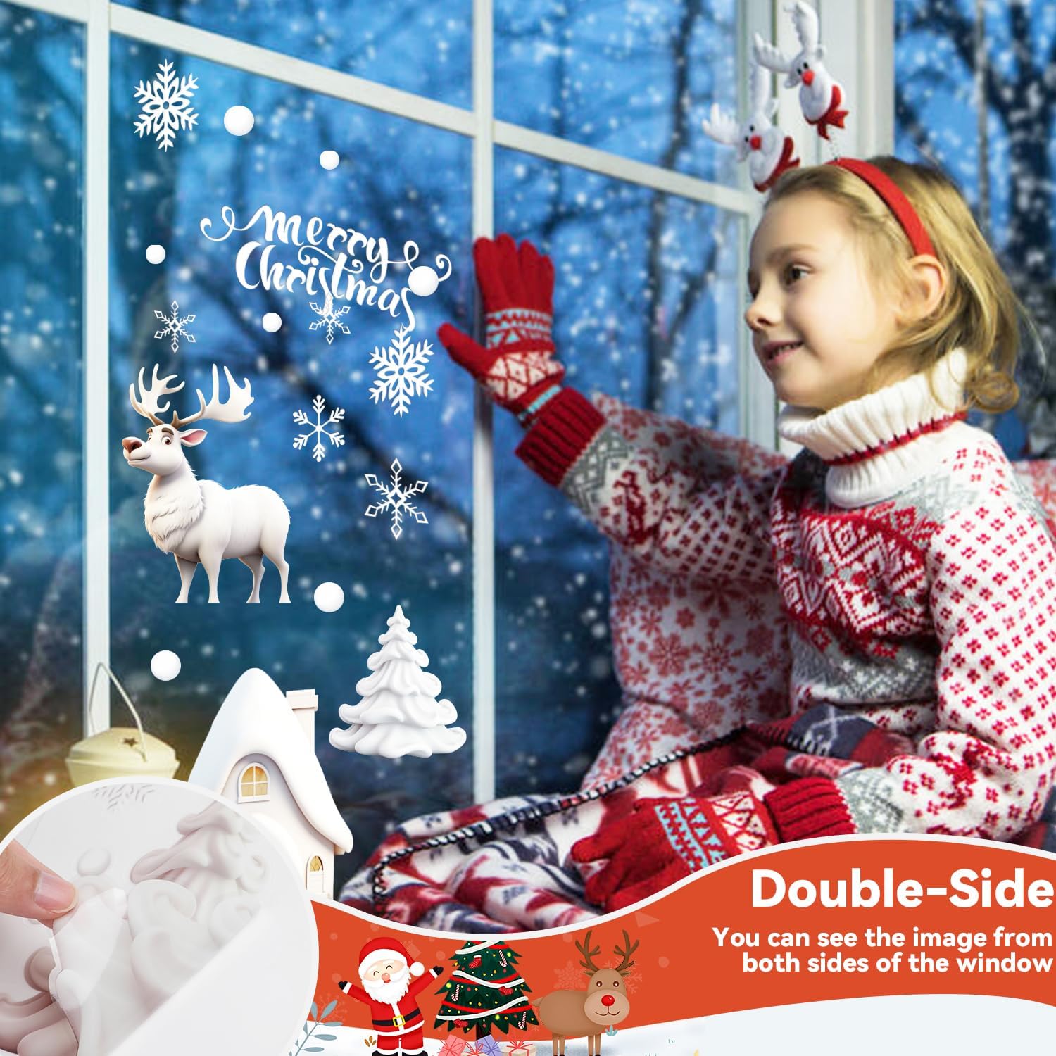 Adhesivos de ventana de Navidad, calcomanías de ventana de Navidad 3D, color blanco, de doble cara para decoración de ventanas de Navidad (8 hojas)