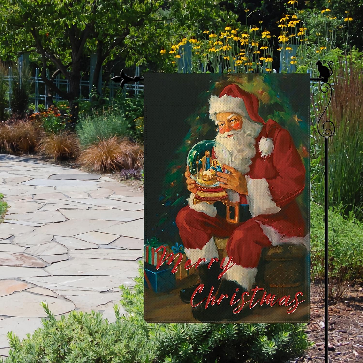 Bandera de jardín de Navidad con bola de cristal de Papá Noel, bandera vertical de doble cara rústica de arpillera para patio, césped, decoración al