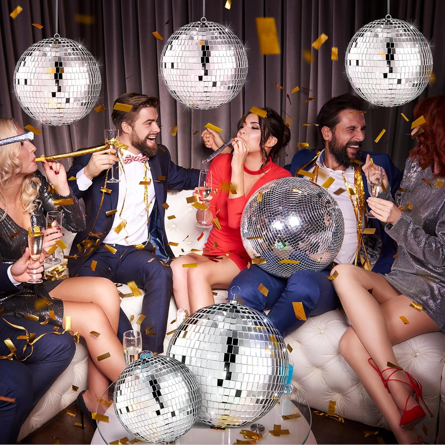 Juego de 8 bolas de discoteca grandes con espejo plateado, bolas reflectantes con anillo para colgar, adorno colgante de fiesta, decoración para