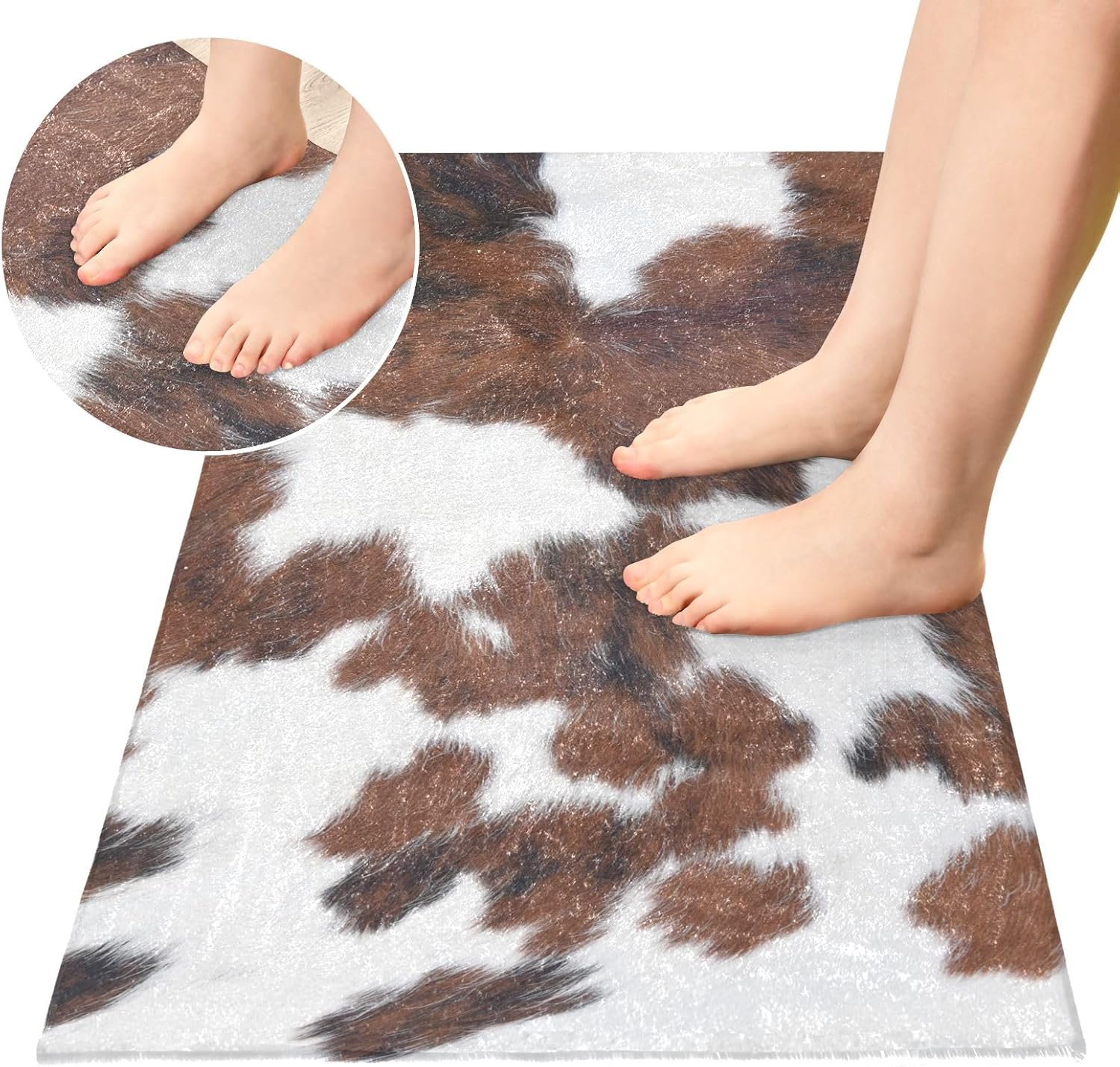 Joisal Tapetes de felpa de vaca con estampado de vaca blanco y marrón para baño, alfombra de baño absorbente antideslizante, alfombra de baño