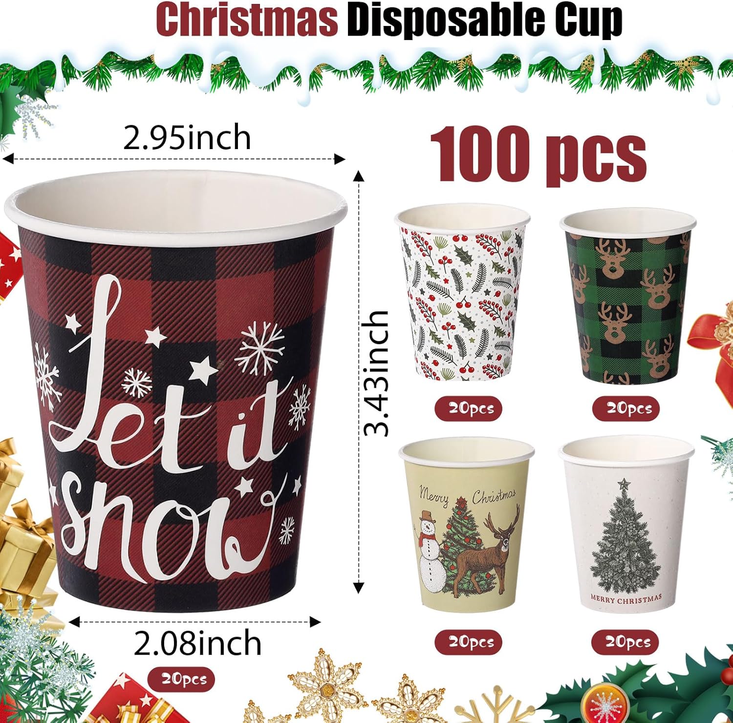 Zhehao 100 vasos de papel de Navidad desechables de 9 onzas, tazas de café de Navidad, tazas de chocolate de chocolate de Navidad, copos de nieve,