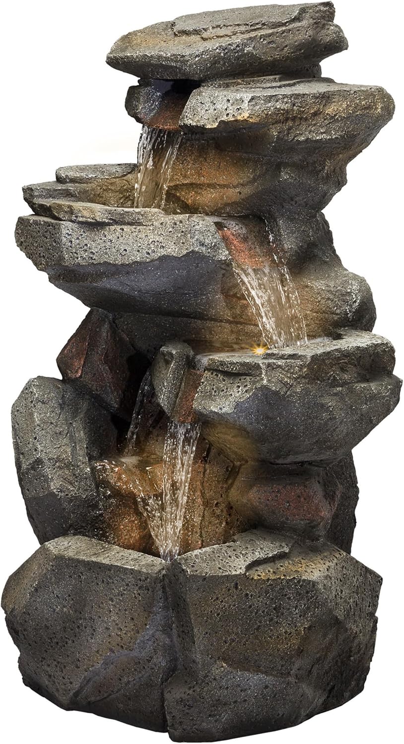 Alpine Corporation WIN1184 Fuente de cascada de roca de 5 niveles con luces LED con aspecto de piedra natural, 40 pulgadas, gris