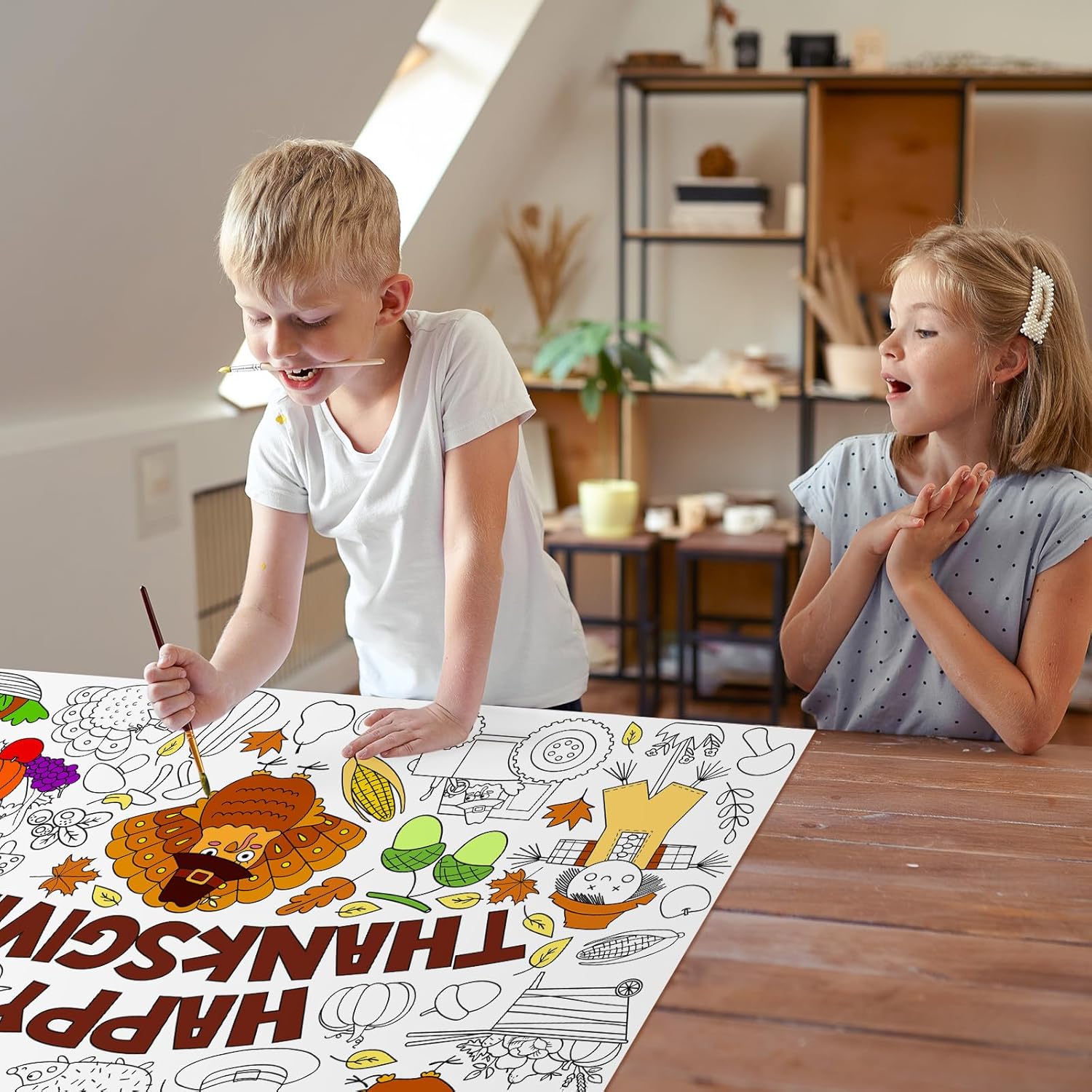 Póster gigante para colorear de Acción de Gracias con 6 crayones apilables, juego de recuerdos de fiesta de Acción de Gracias de calabaza grande,