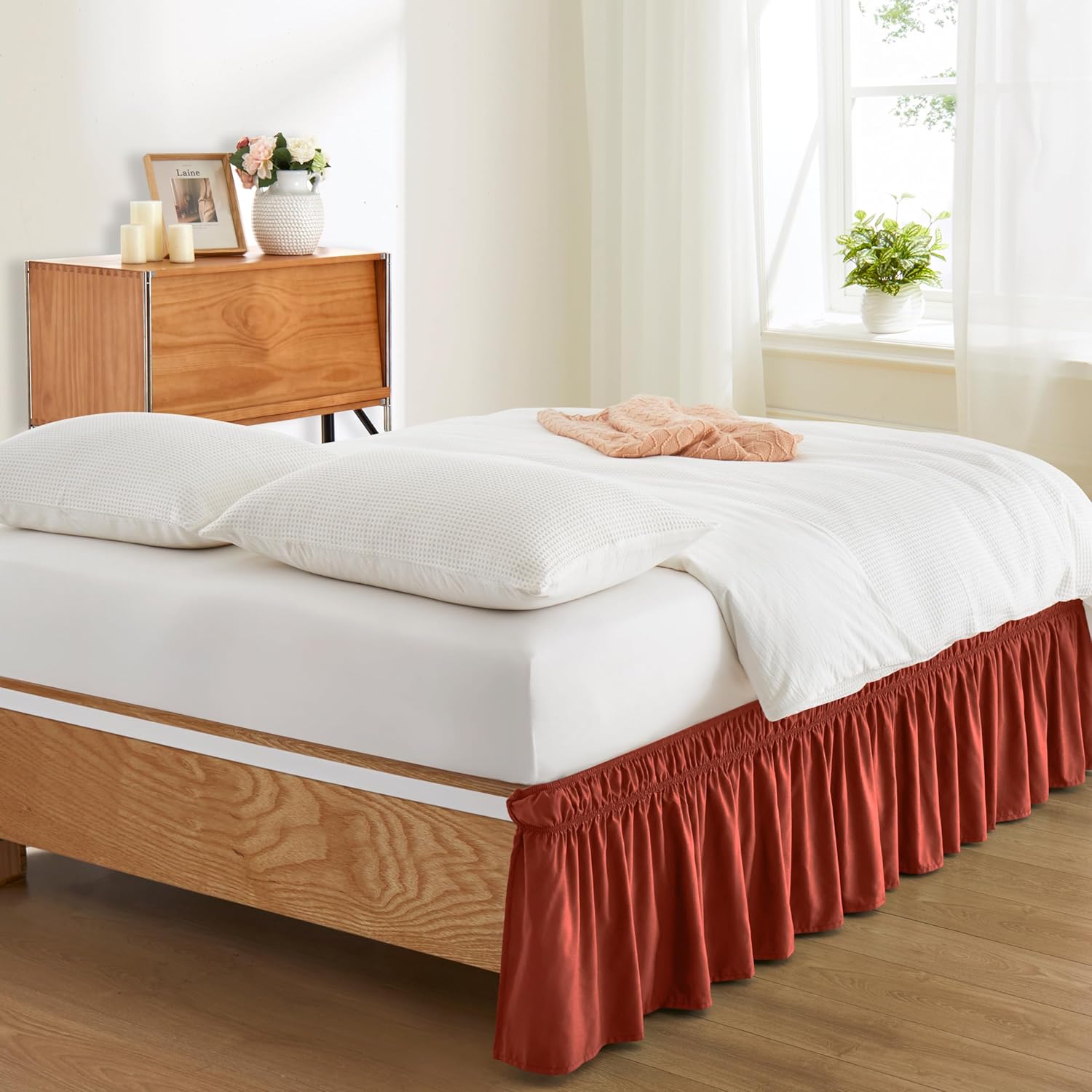 Entisn Falda de cama ajustable naranja para cama tamaño King y Cal King, con caída a medida de 18 pulgadas, faldas de cama envolventes con cinturón
