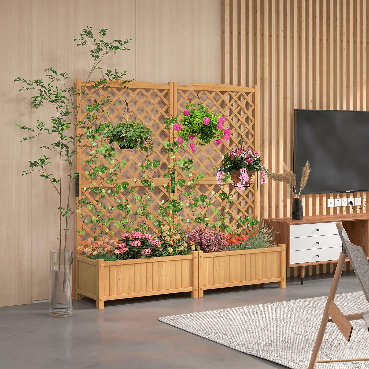 Safstar – Cama de jardín elevada con enrejado, contenedor elevado de madera para interiores y exteriores, con enrejado en forma de diamante y