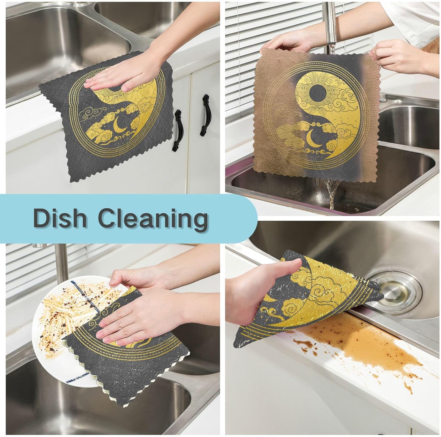 Oriental Style Yinyang Sun Moon Clouds Stars 6 Pack Quick Dry Microfiber Dish Towels Decor Quality Dish Tea Towels for Restaurant Oven