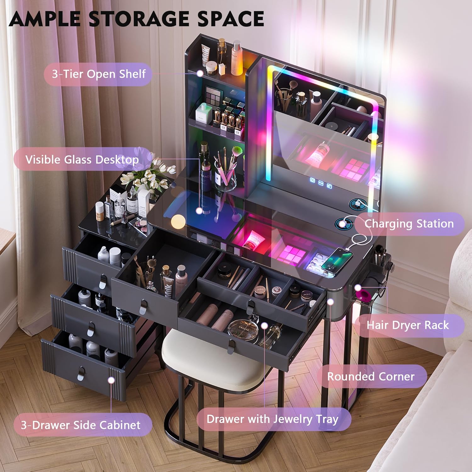 Escritorio de maquillaje RGB con espejo y luces, juego de mesa de tocador de 7 dinámicas y 7 estáticas regulables con estación de carga inalámbrica,