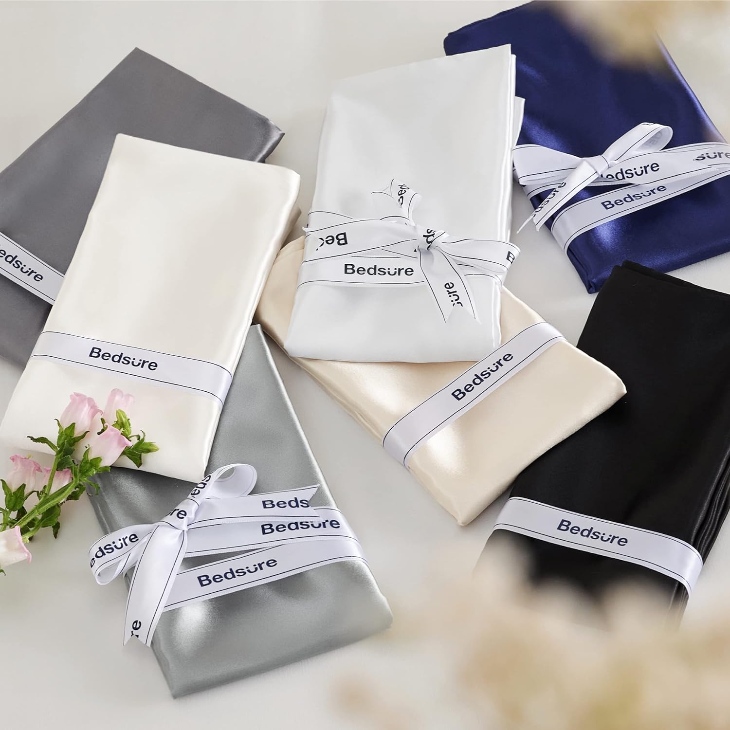 Bedsure Funda de almohada de satén para el cabello, fundas de almohada de satén gris y azul, tamaño estándar con cremallera 2, similar a las fundas