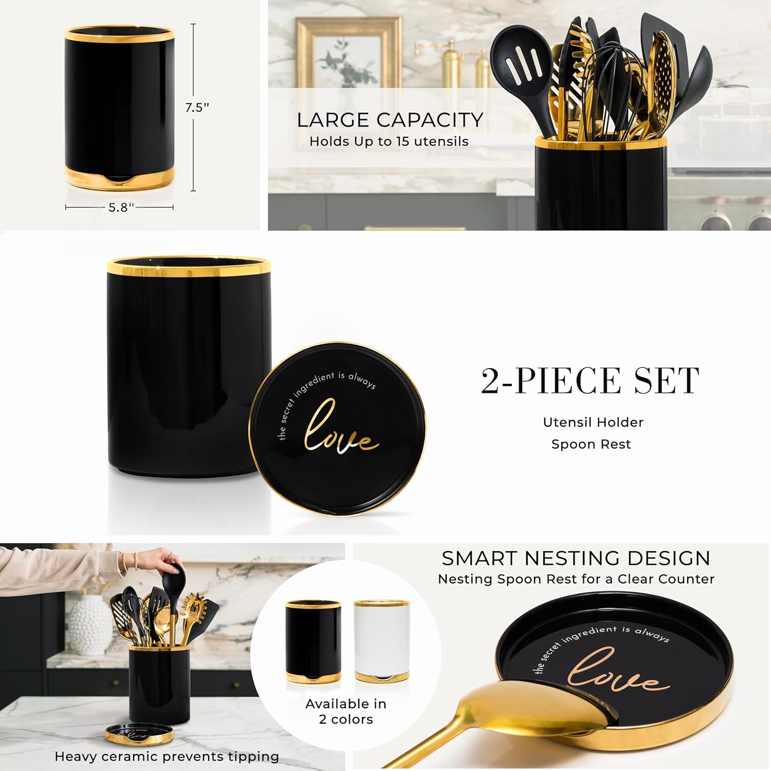 Styled Settings Soporte para utensilios negro y dorado con soporte de cuchara integrado, 2 soportes grandes de cerámica para utensilios de cocina,