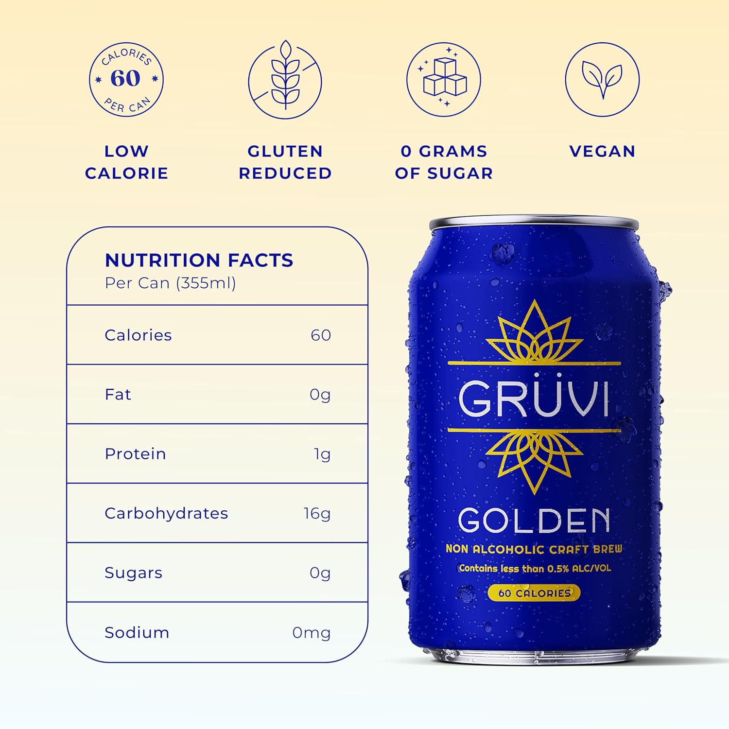 Gruvi Golden Lager – Cerveza artesanal sin alcohol, 60 calorías, contiene menos de 0.5% de alcohol por volumen, 12 onzas líquidas por lata, paquete