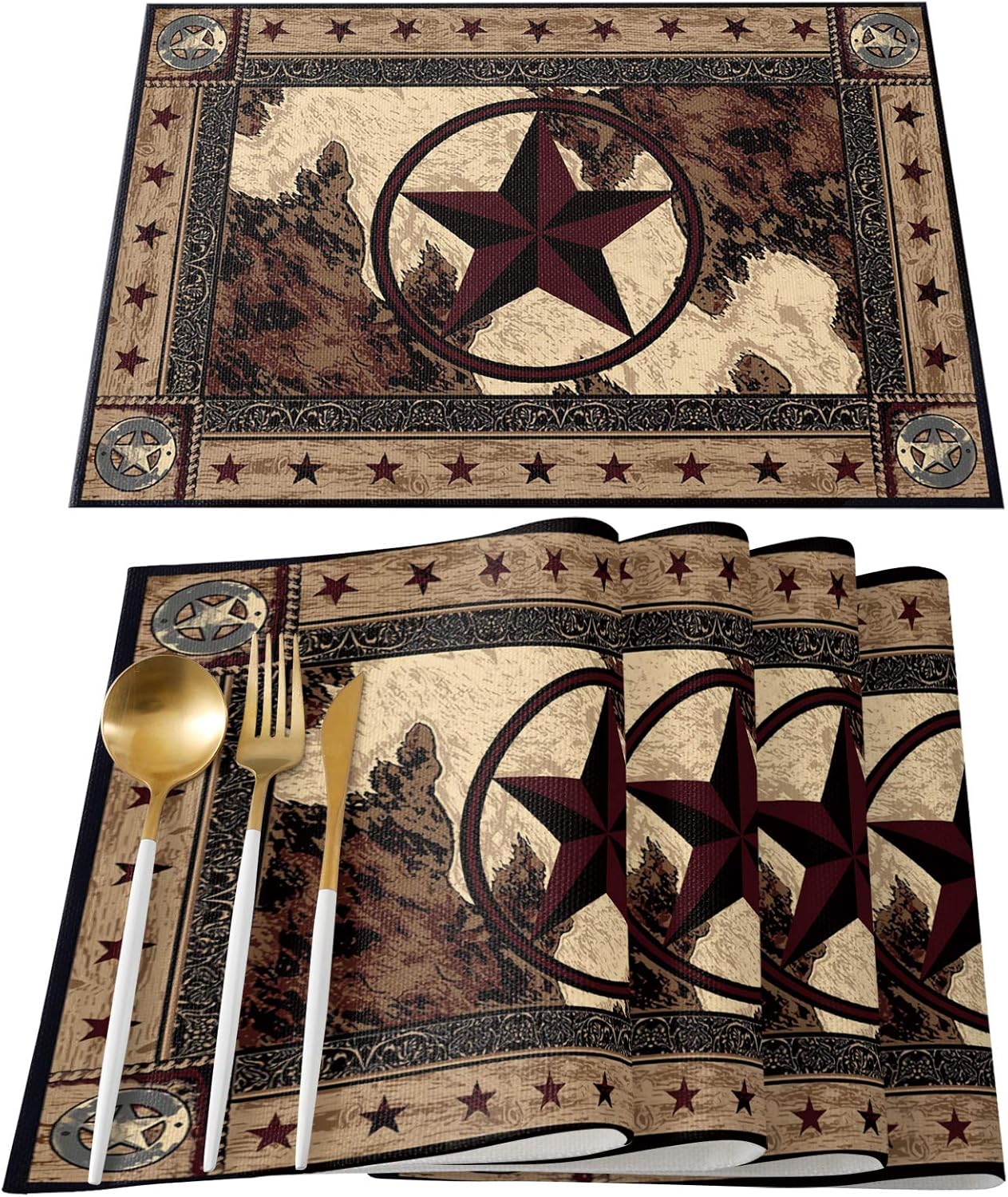 Western Texas – Juego de 6 manteles individuales para mesa de comedor, rústicos vintage para cocinacomedor, antideslizantes, duraderos, lavables,