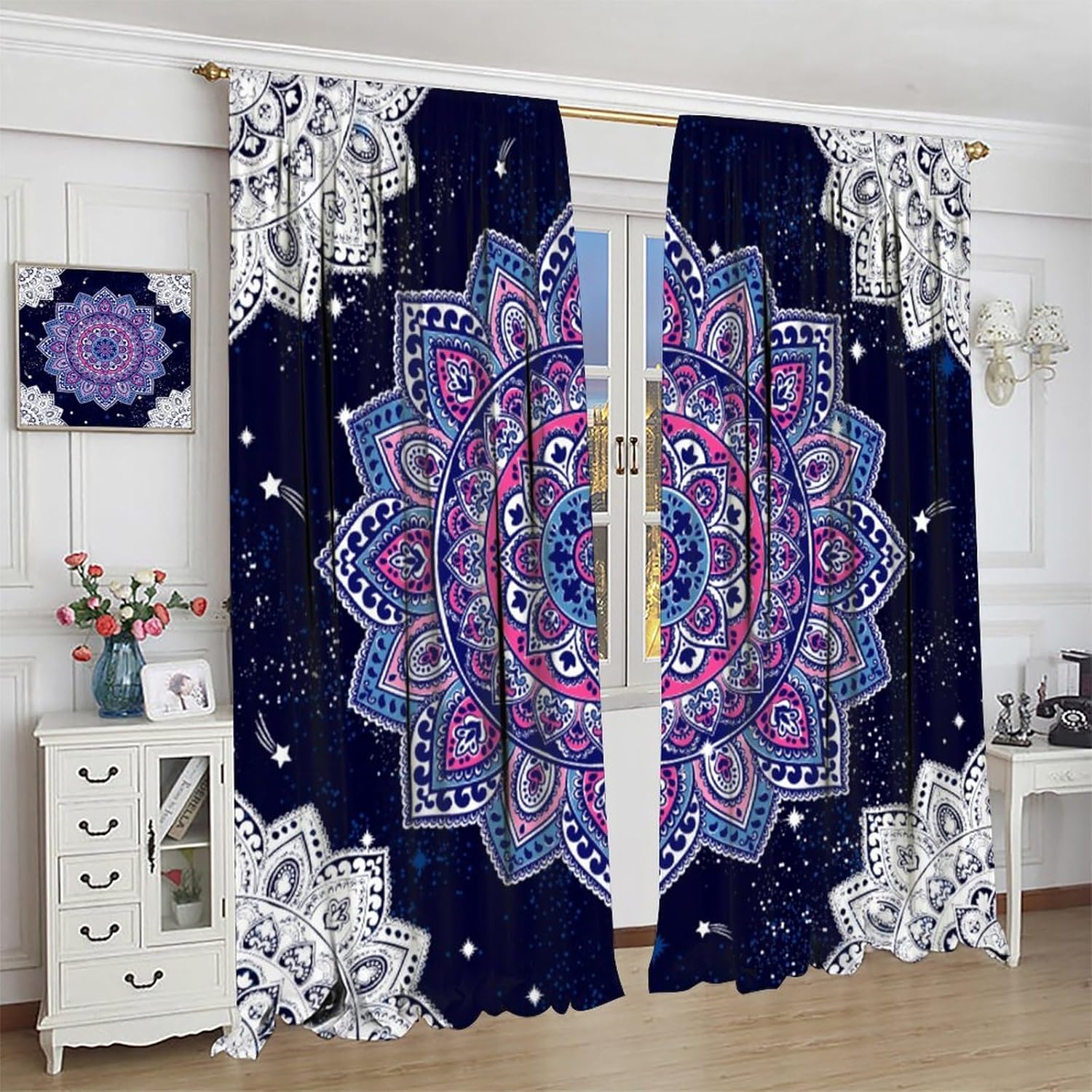 Cortinas de mandala bohemias moradas, hermosas flores de pavo real, fondo blanco y negro, con bolsillo para barra, cortinas de ventana para