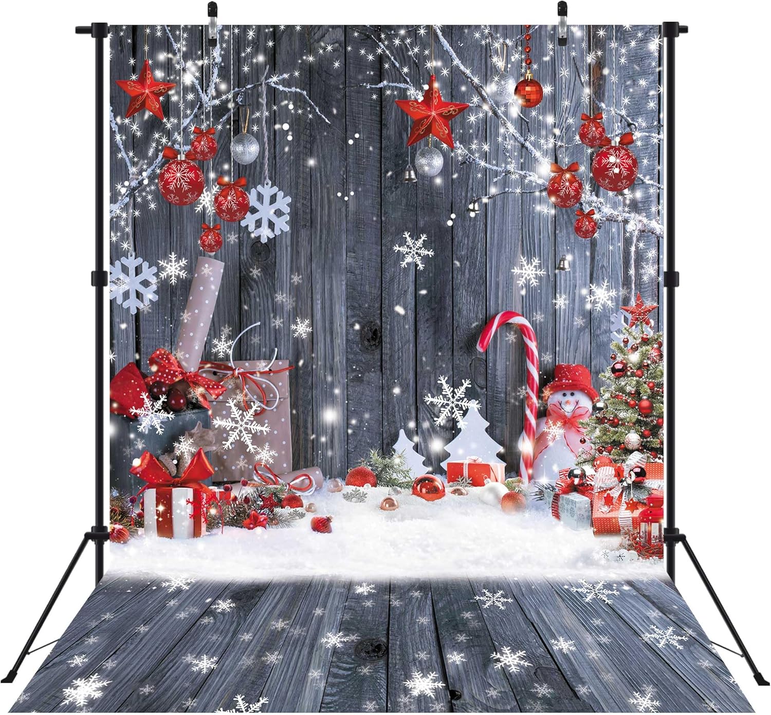 Cartel de fotografía de pared de madera de Navidad de 8 x 10 pies, telón de fondo, copo de nieve, árbol de Navidad, fondo de piso de madera,