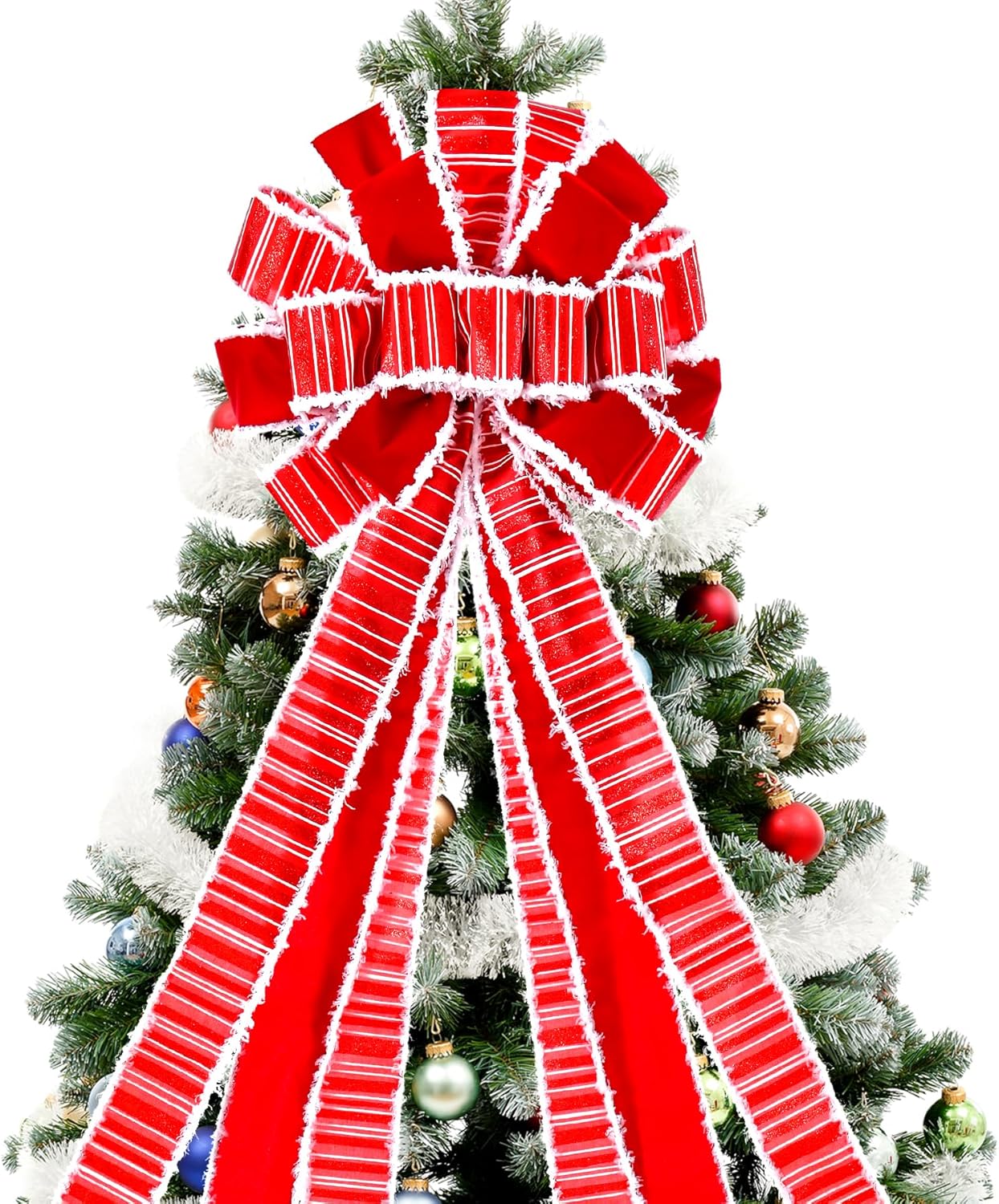 Decoración para árbol de Navidad, lazo grande rojo para árbol de Navidad, arpillera con borde de poliéster blanco, lazo de regalo para adorno de