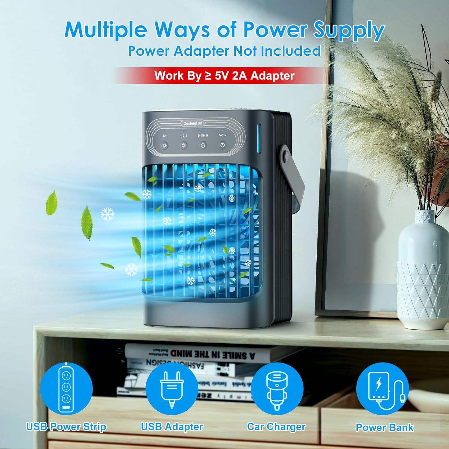 Ventilador de aire acondicionado portátil, mini aire acondicionado evaporativo mejorado portátil con 3 nieblas frías y velocidades, 7 luces