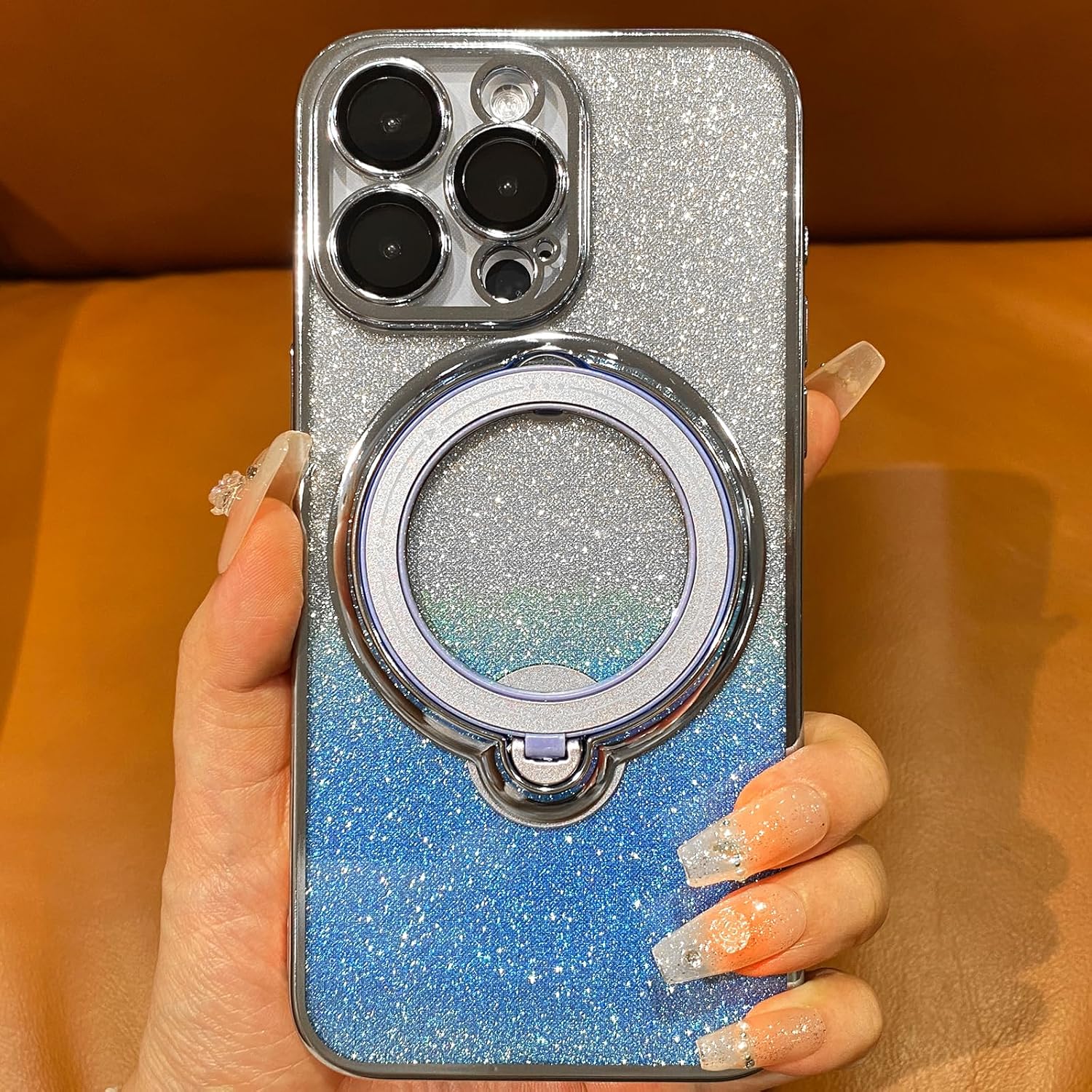 Funda magnética con purpurina para iPhone 15 Pro Max con soporte de anillo giratorio, compatible con MagSafe protector de lente de cámara chapado de